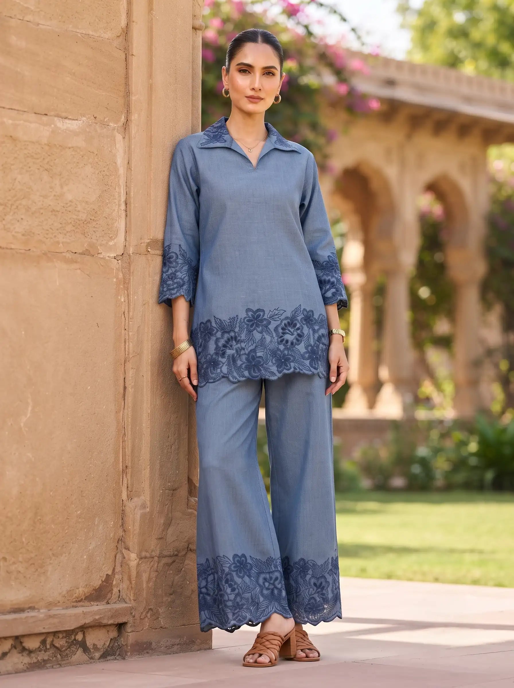 ELEGANT BLUE CUTWORK FLORAL EMBROIDERED DENIM COTTON CO-ORD SET