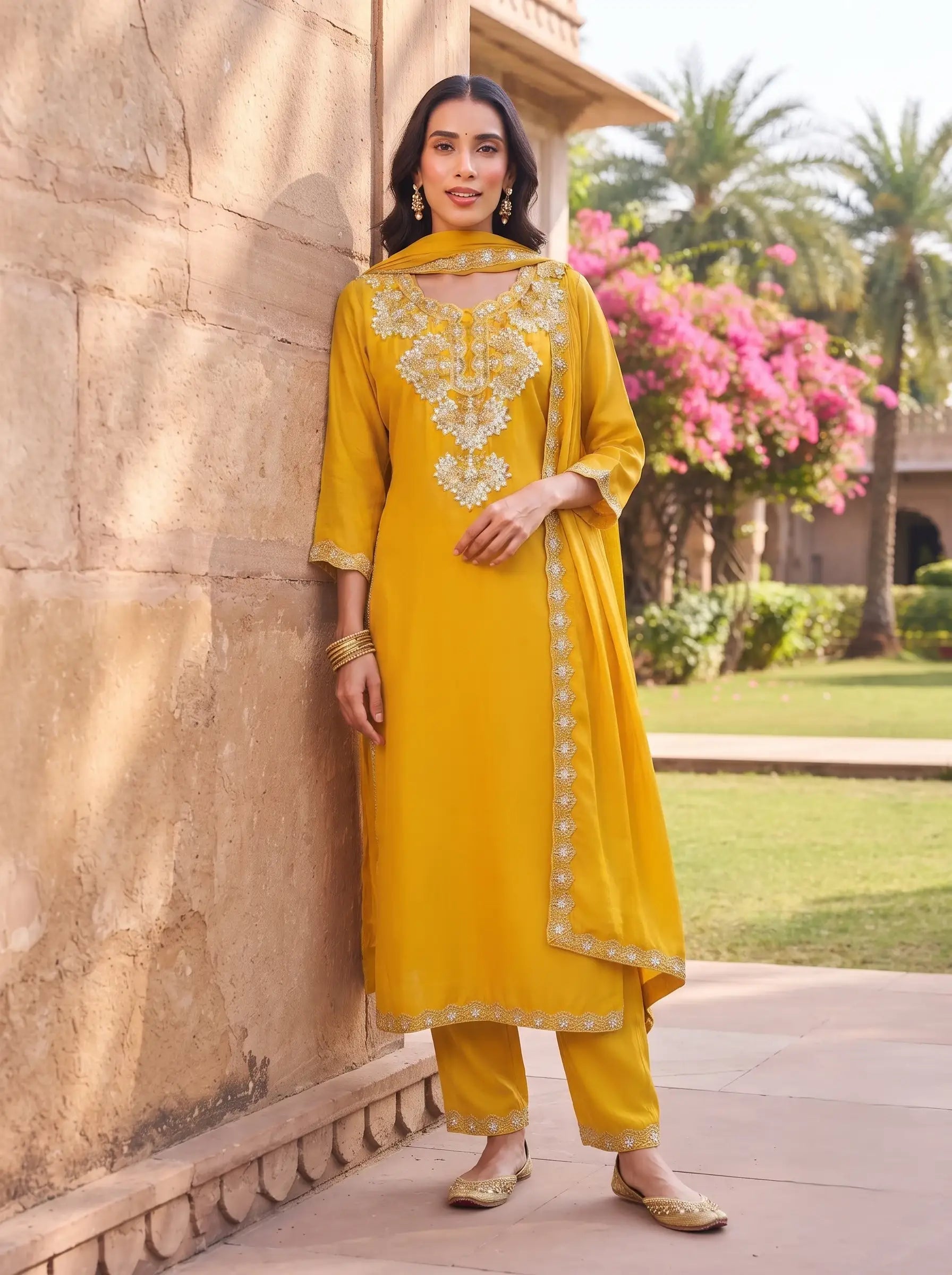 BRIGHT YELLOW FESTIVE EMBROIDERED DOLA SILK SUIT WITH DUPATTA