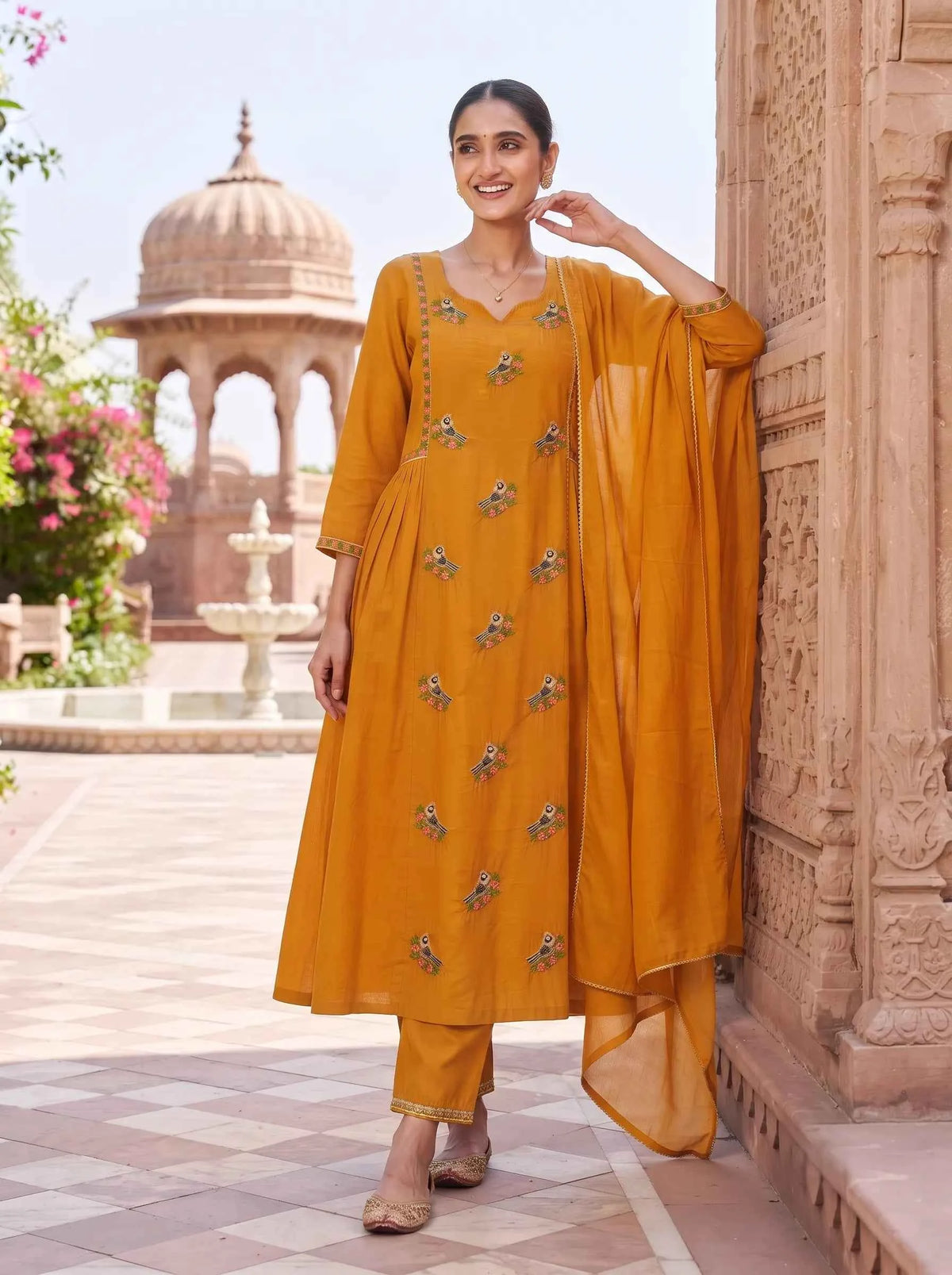 MUSTARD PEACOCK EMBROIDERED STRAIGHT SUIT WITH DUPATTA