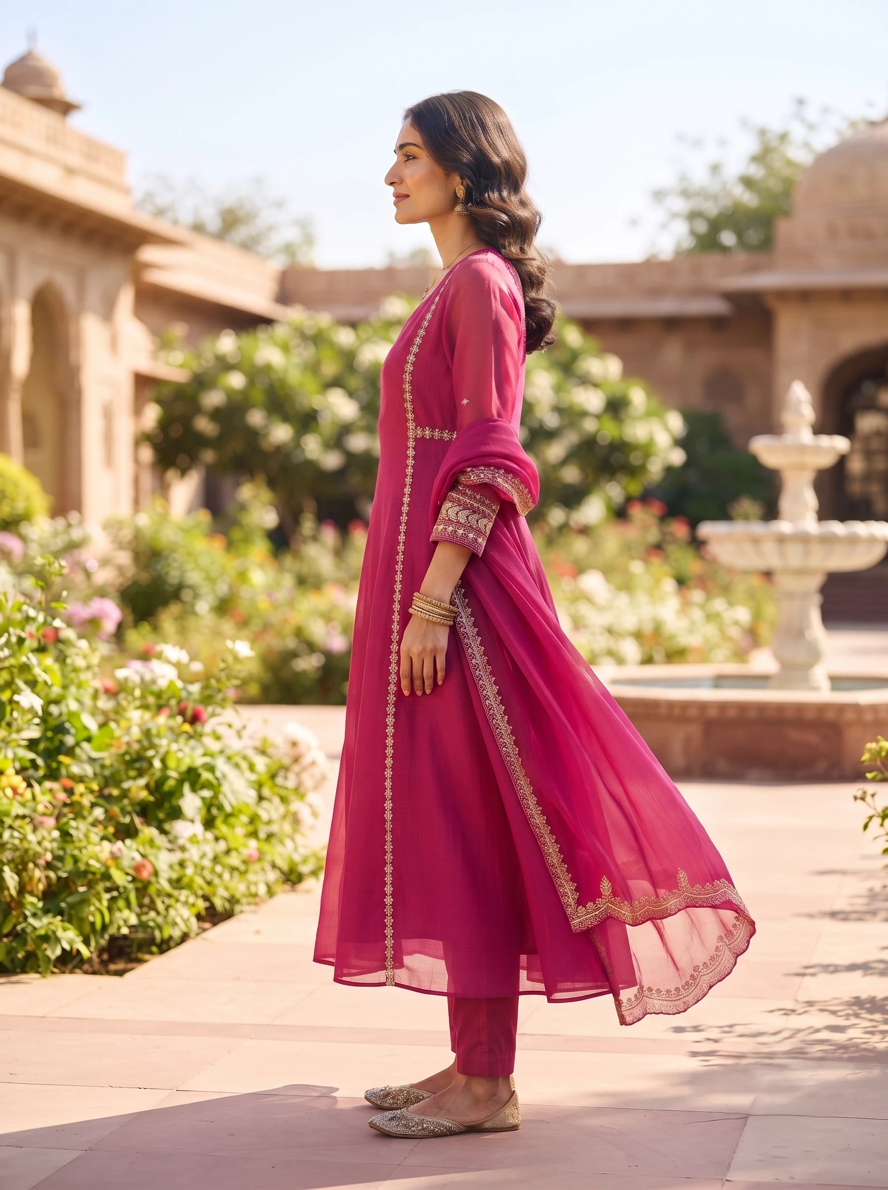 HOT PINK BANARSI MUL CHANDERI DELICATE ZARI WORK SUIT SET