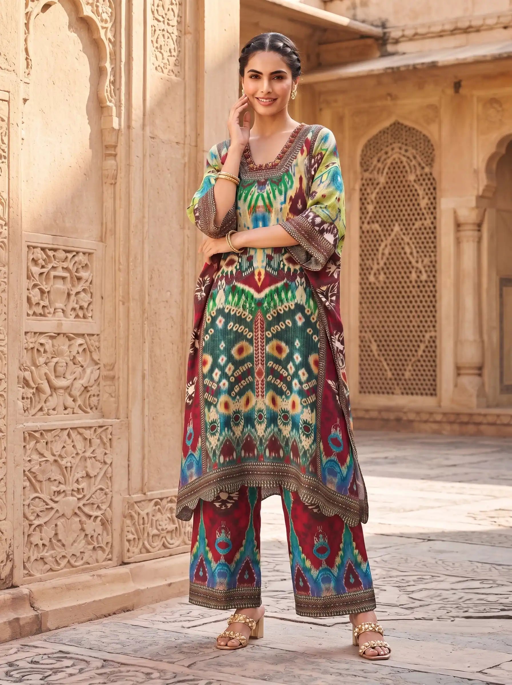 IKEBANA MULTICOLOR IKAT PRINTED PURE MUSLIN CO-ORD SET