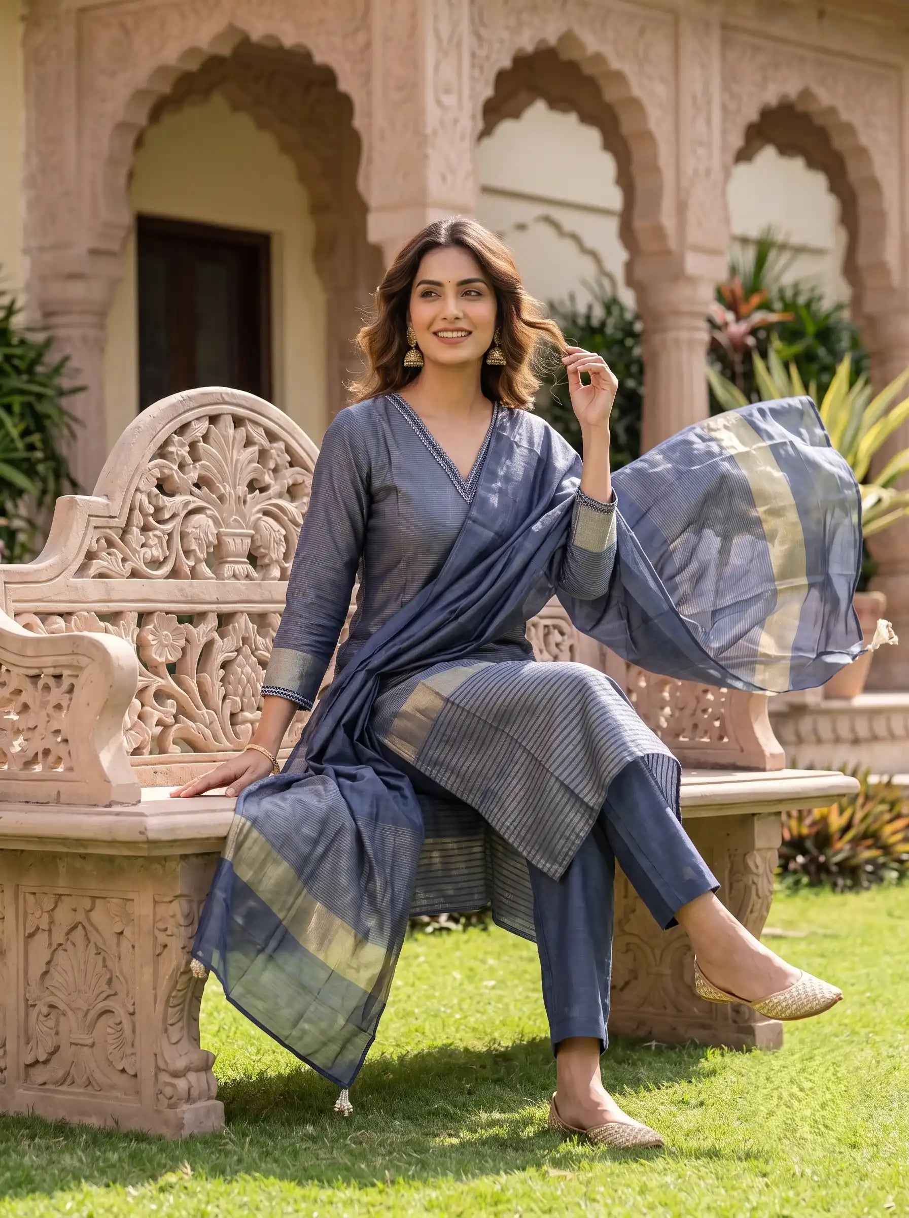 SHIMMERY GREY DESIGNER HAND EMBROIDERED FESTIVE SUIT SET