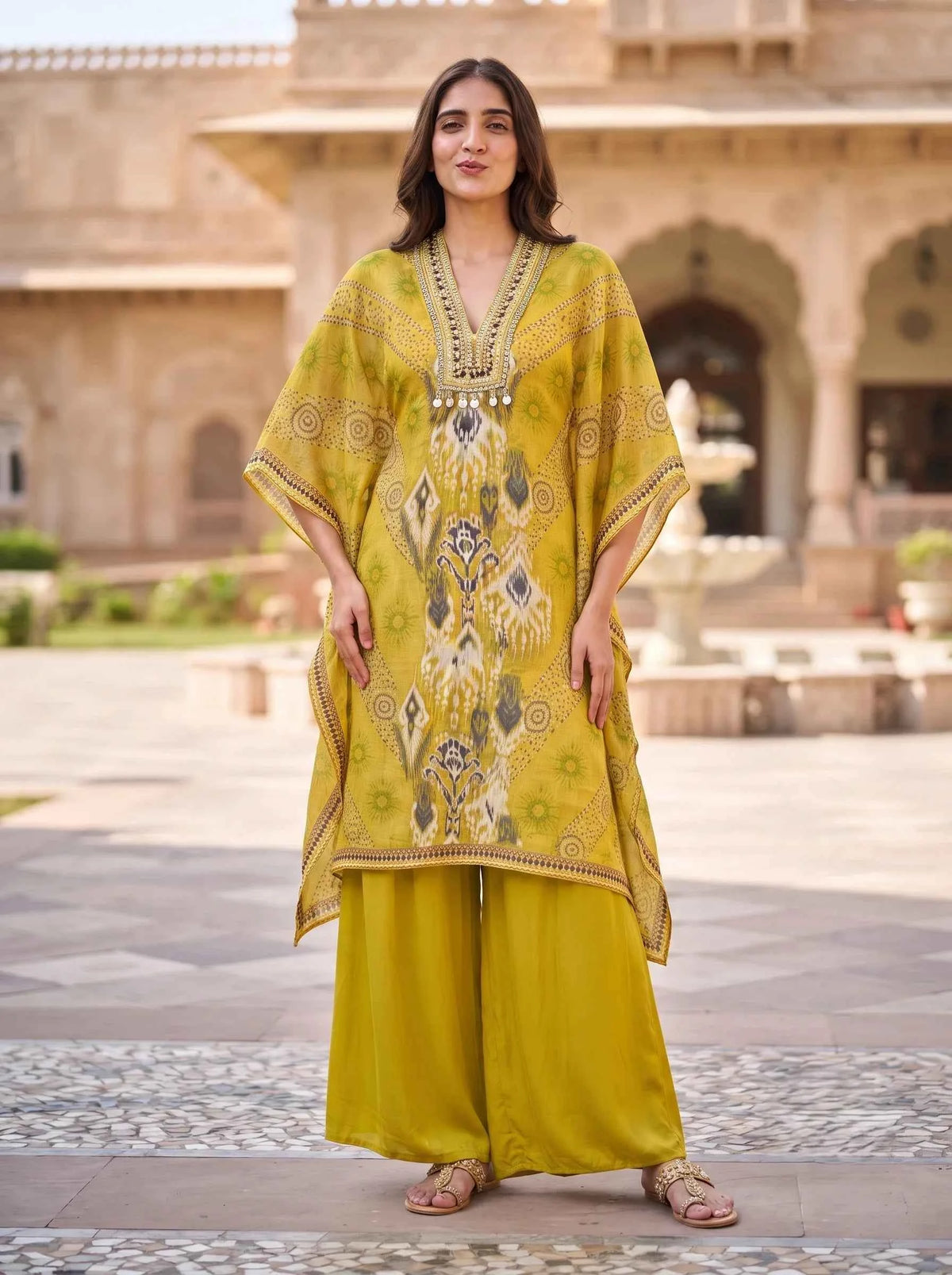MUSTARD YELLOW PRINTED PURE CHINON KAFTAN CO-ORD SET