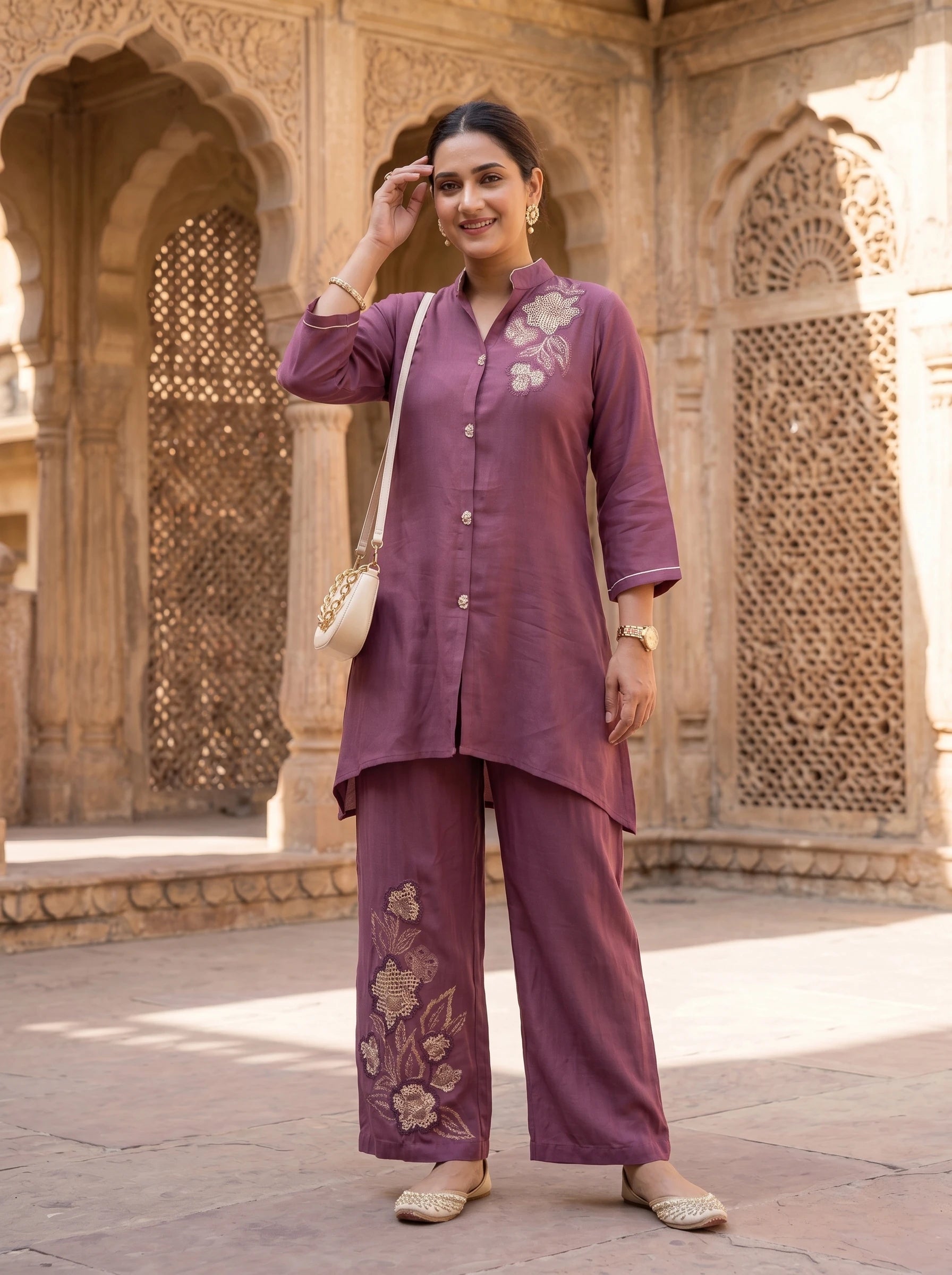 PLUM WINE EMBROIDERED CO-ORD SET