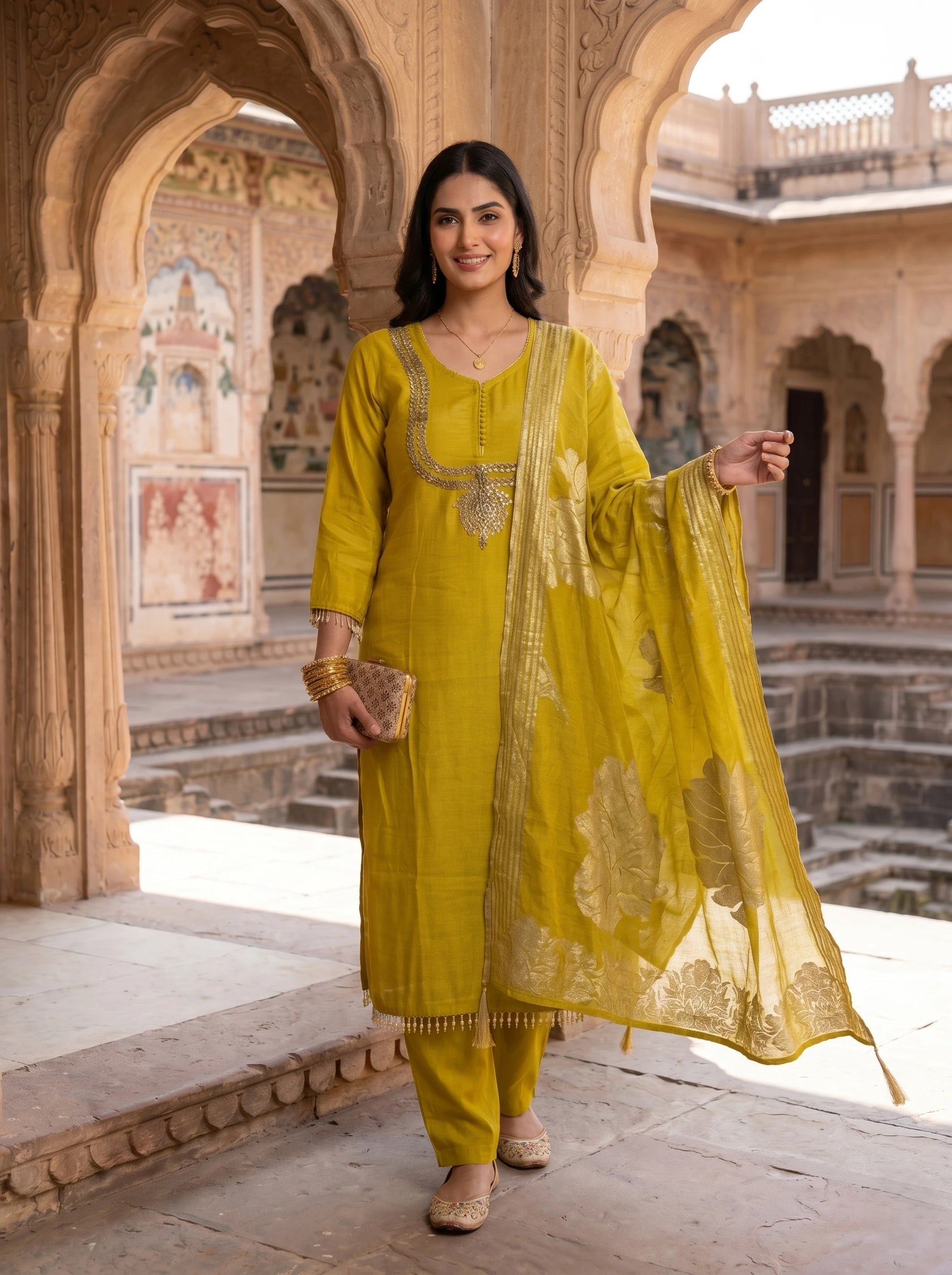 ELEGANT YELLOW KUNDAN WORK SUIT SET