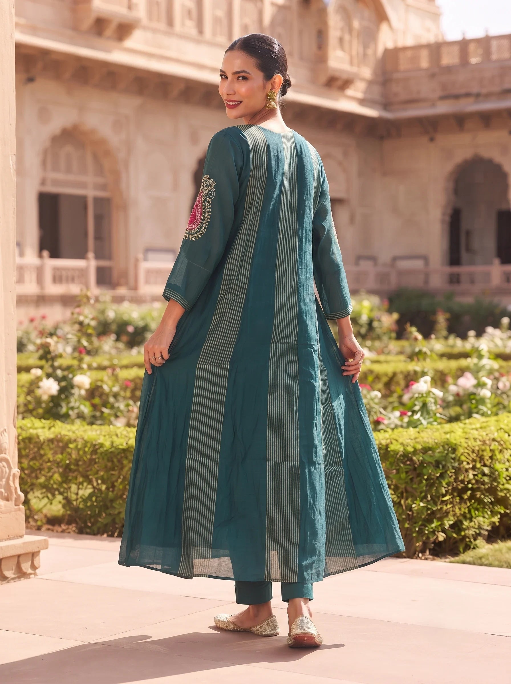 DARK TURQUOISE DESIGNER HAND EMBROIDERED FESTIVE SUIT SET