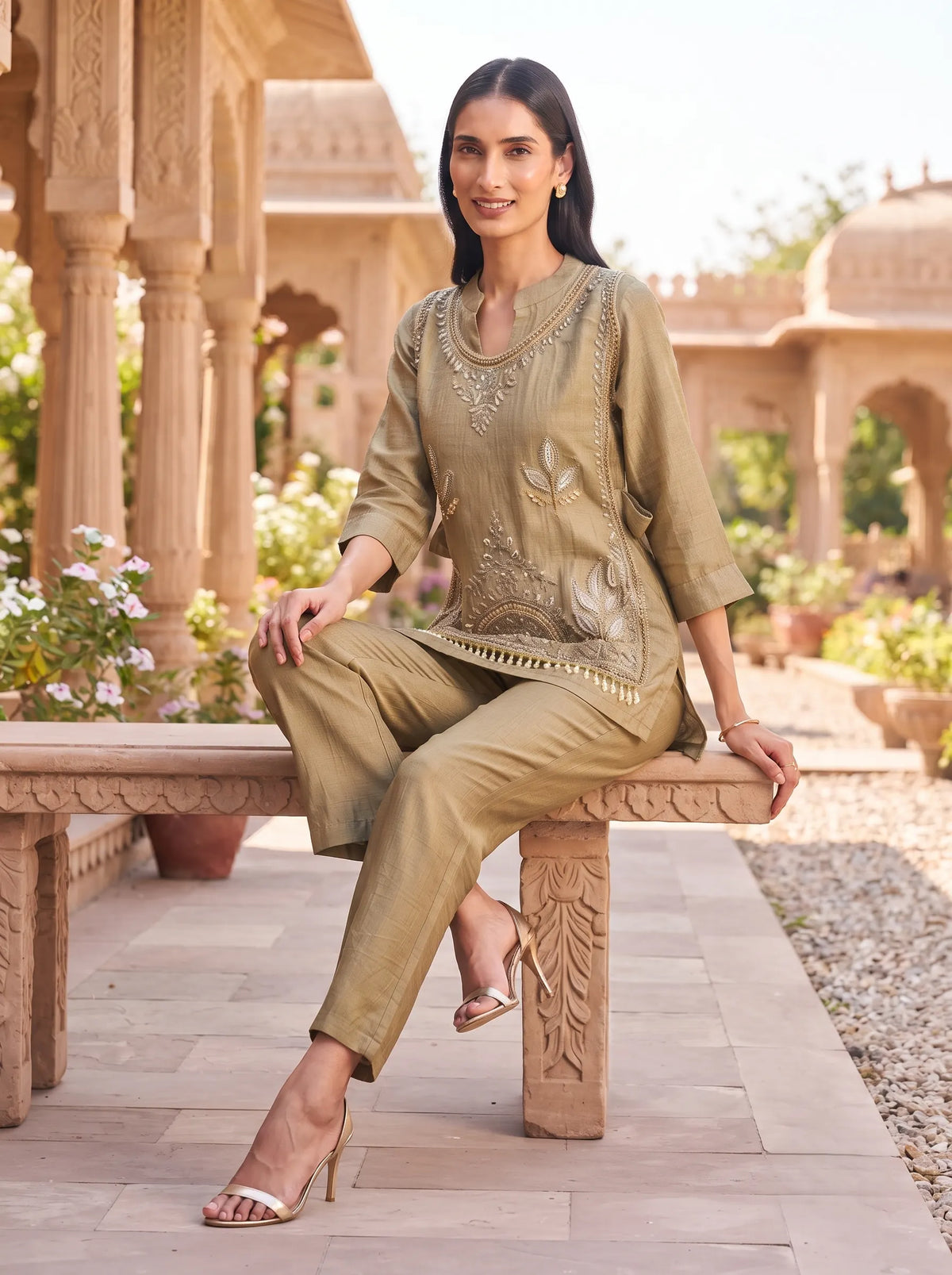 KHAKI TEXTURED SOLID FULL EMBROIDERED CRUSH TISSUE CO-ORD SET