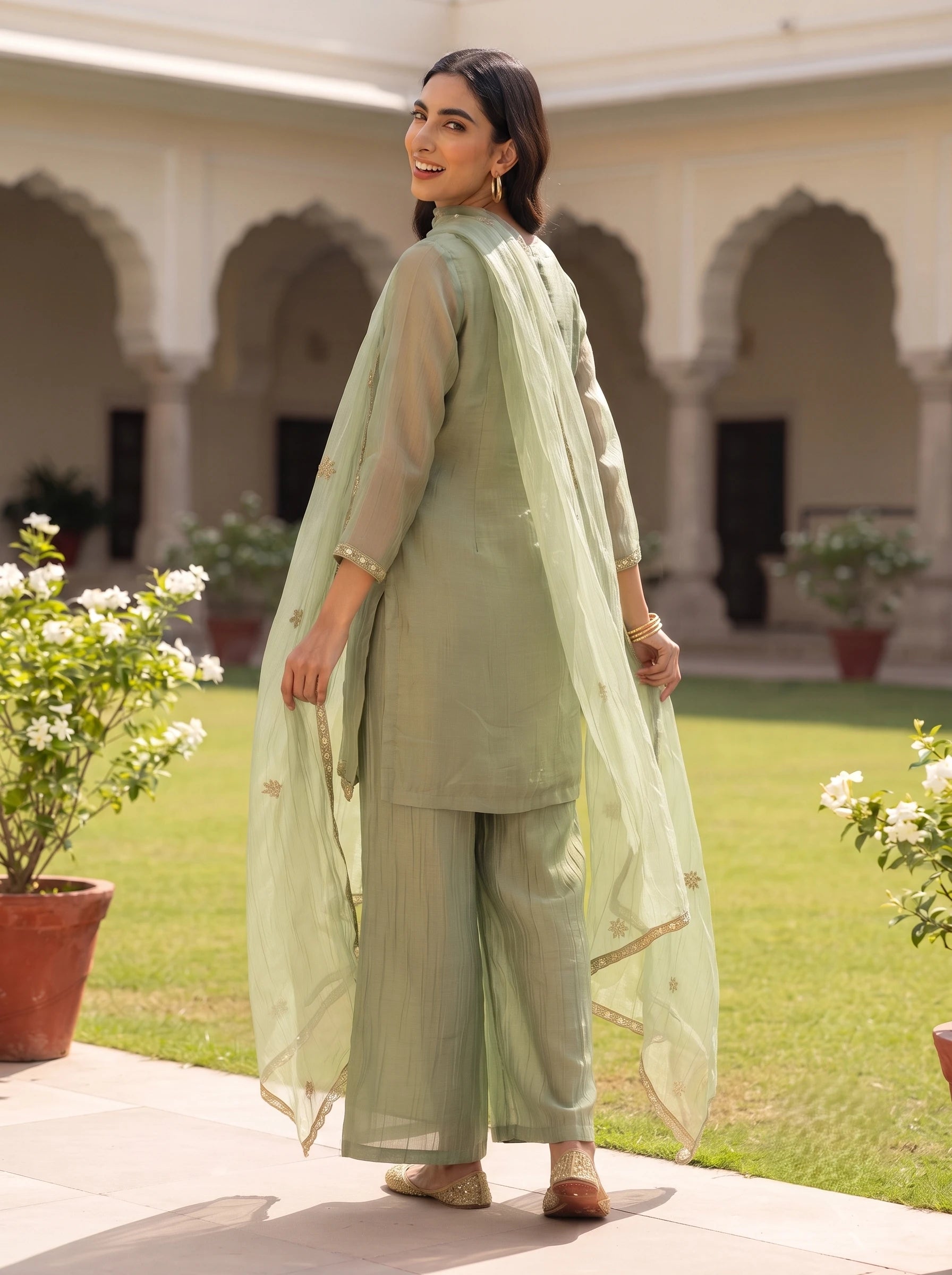 SAGE GREEN BEADED LEAF EMBROIDERED SALSA SUIT SET