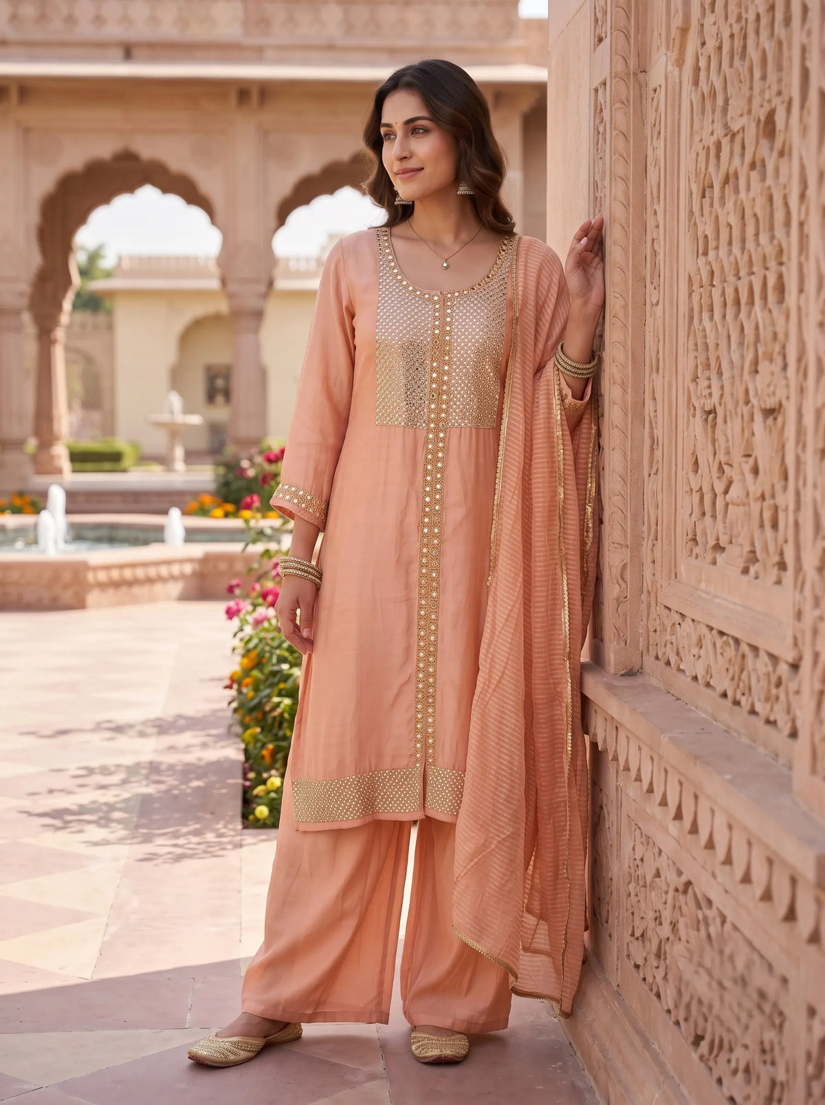 PEACH HEAVY STONE AND MIRROR WORK HAND EMBROIDERED SUIT SET