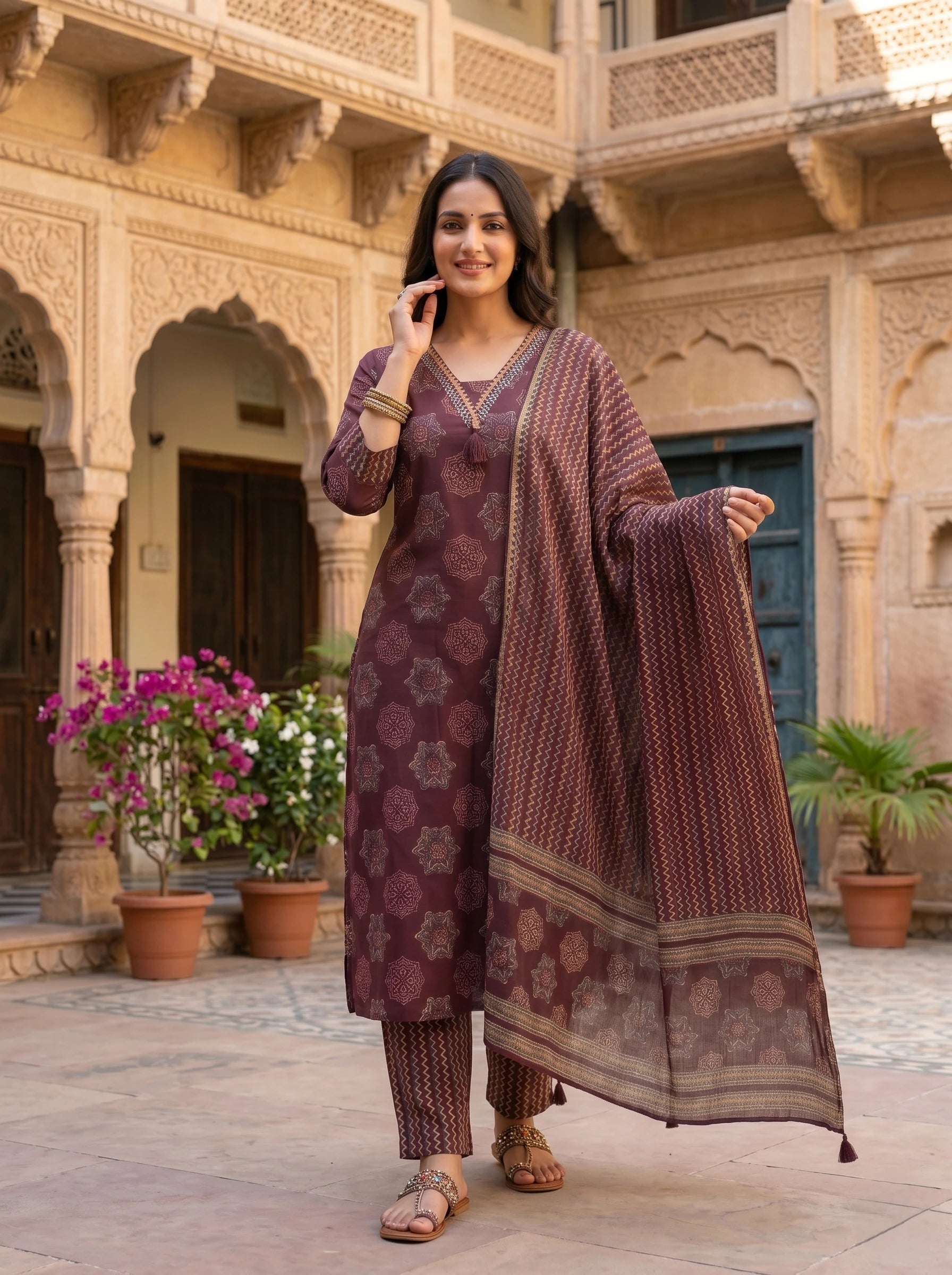 WINE BLOCK PRINT NECK EMBROIDERED SUIT SET