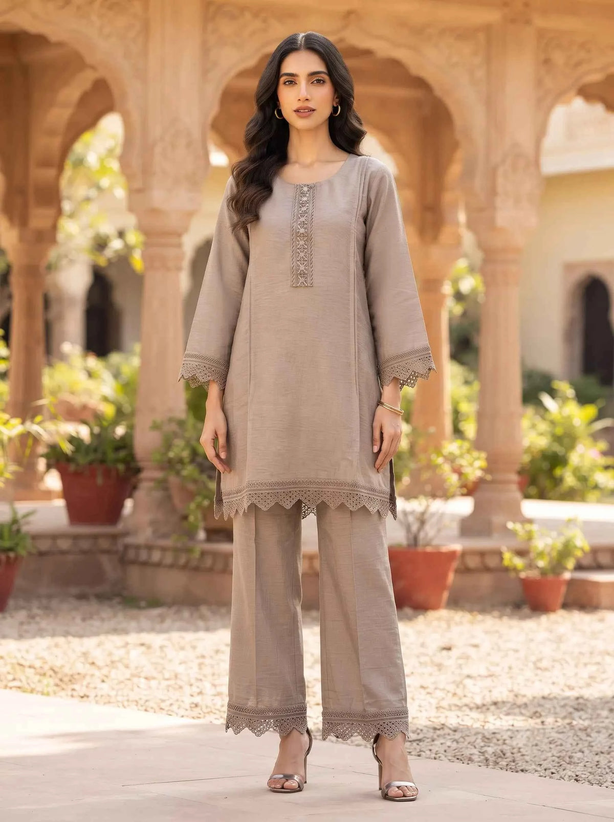 TAUPE BROWN EMBROIDERED NECK CASUAL WEAR PREMIUM CO-ORD SET