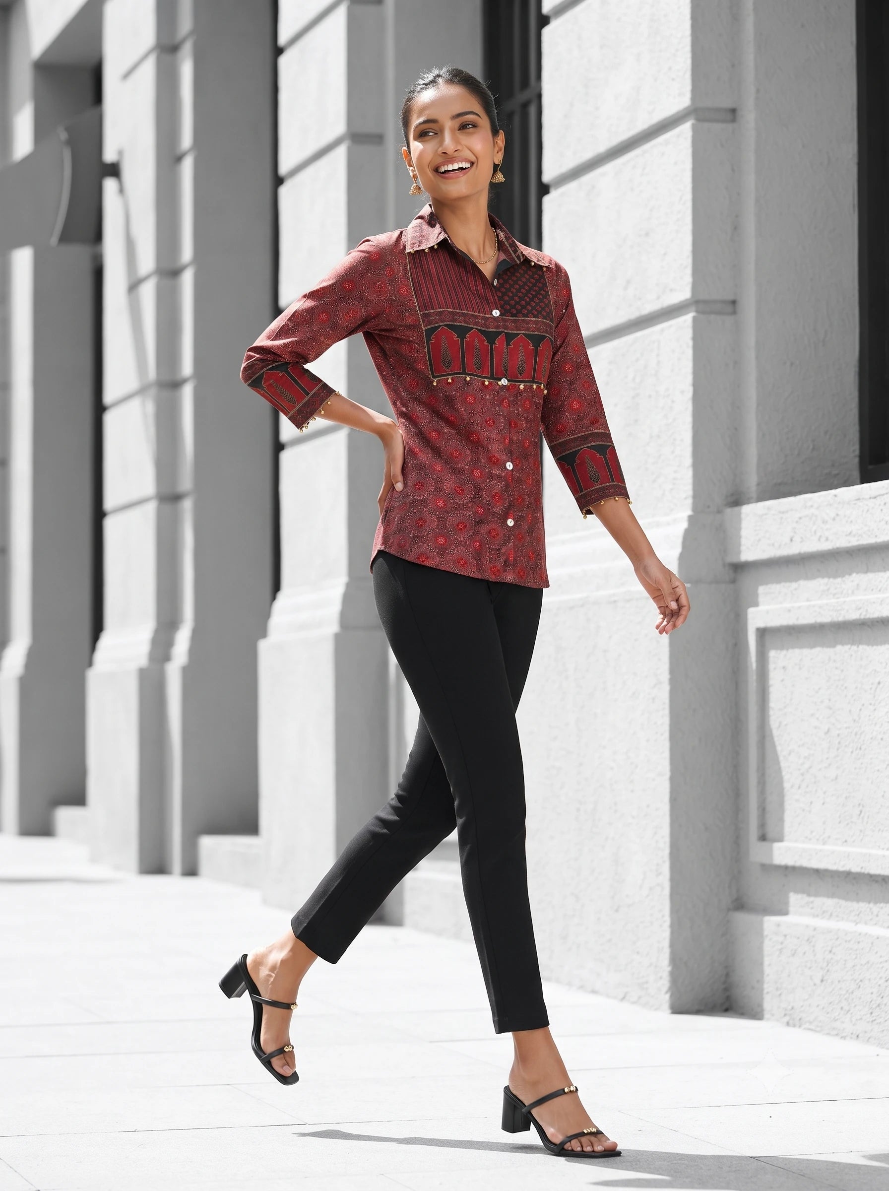 CRIMSON PALACE COLLARED PRINTED PURE MUSLIN SHIRT