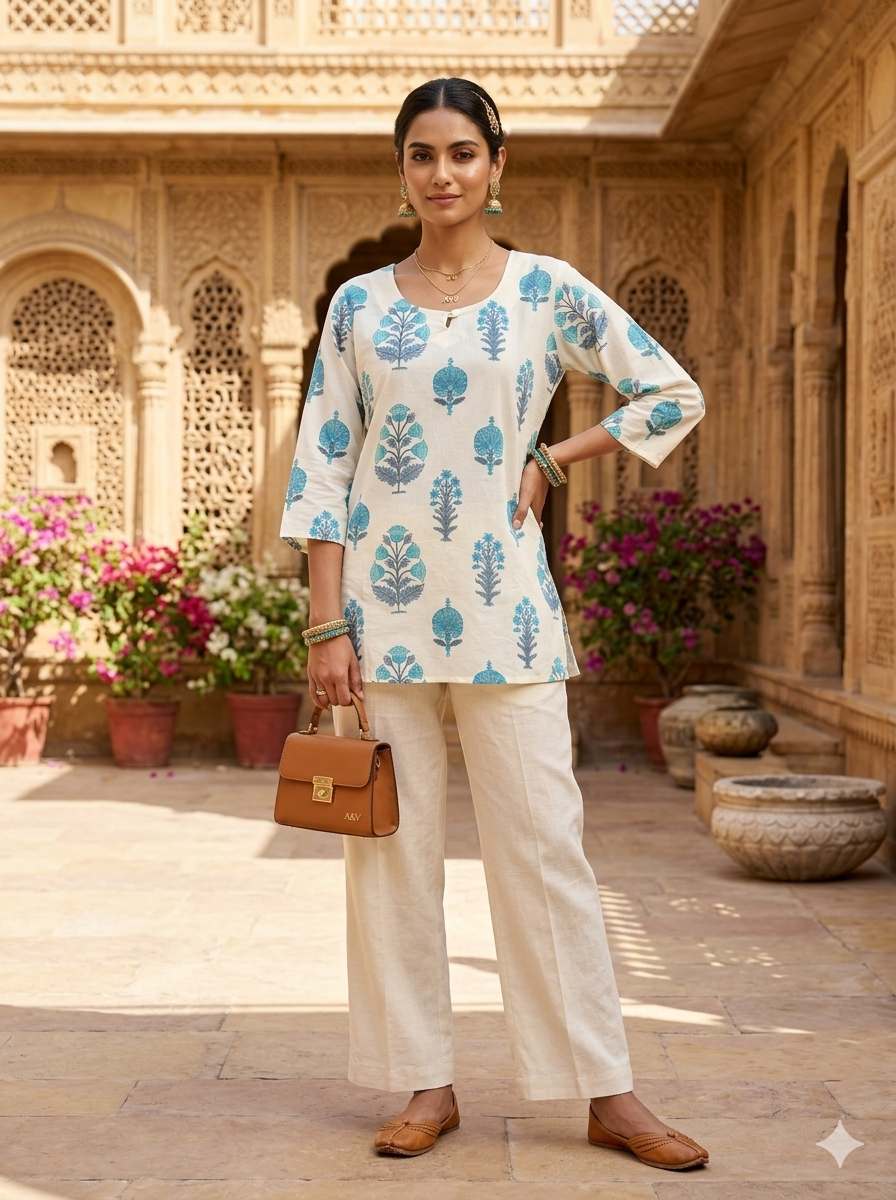IVORY BLUE FLORAL EMBROIDERED KURTI