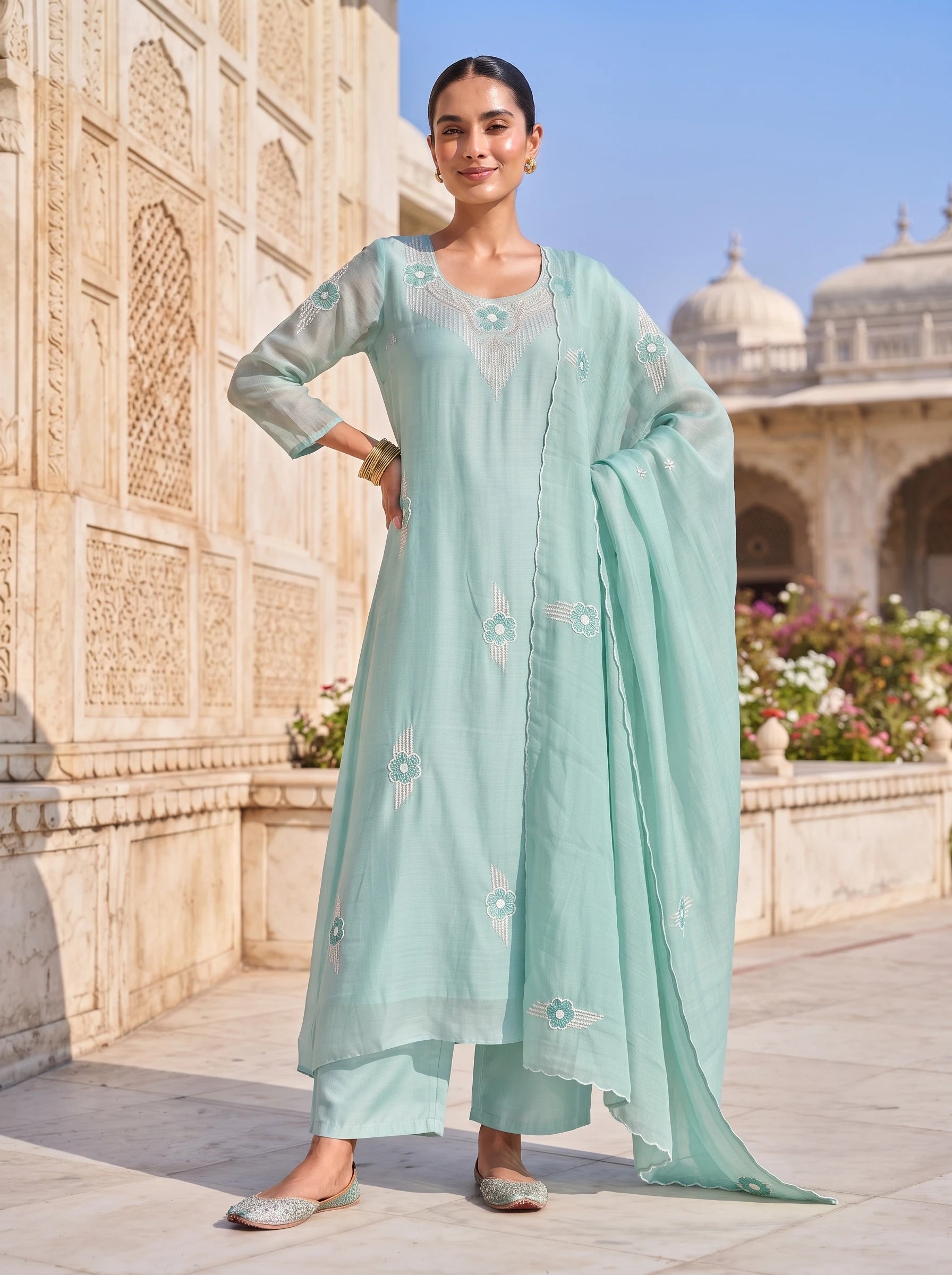 PASTEL SAGE GREEN HAND EMBELLISHED ETHNIC SUIT WITH DUPATTA