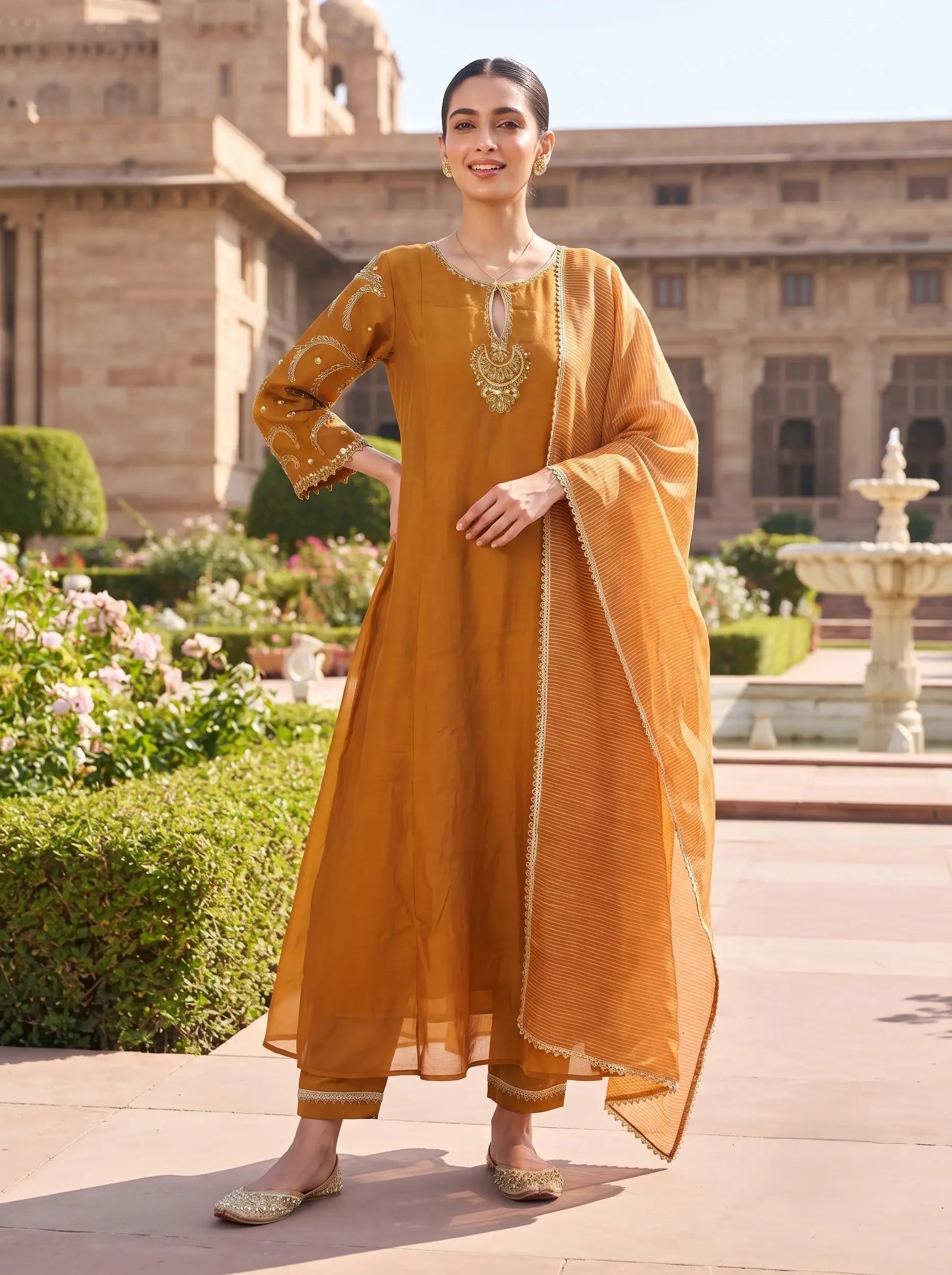 CARAMEL BROWN DESIGNER HAND EMBROIDERED FESTIVE SUIT SET