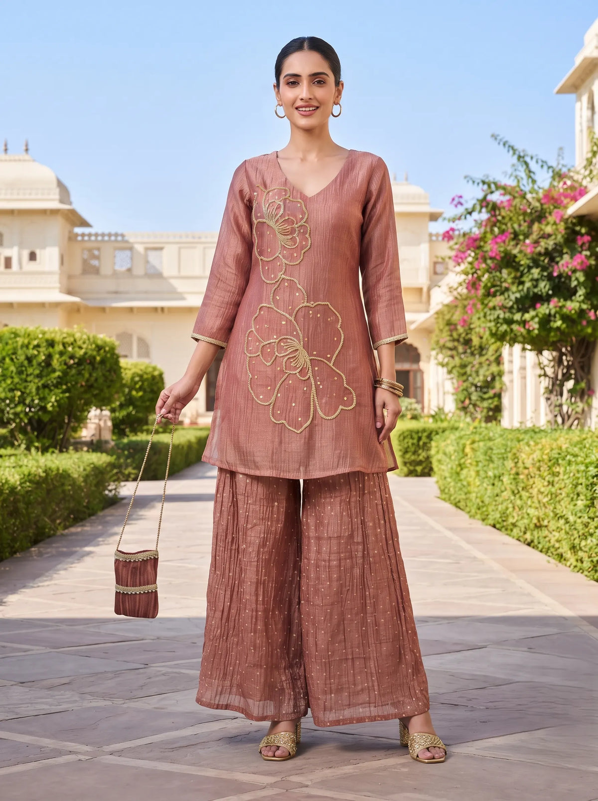 CRUSHED DUSTY ROSE ETHNIC HAND EMBROIDERED CO-ORD SET