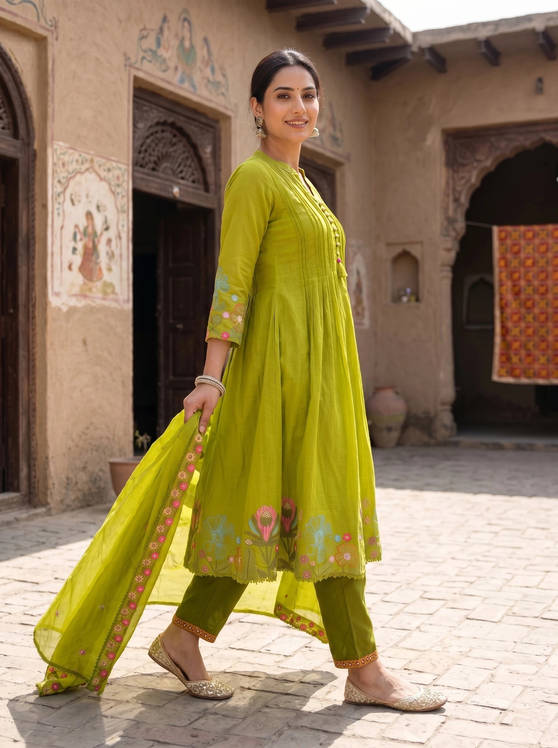 GREEN AURA THREADWORK MUL COTTON SUIT SET