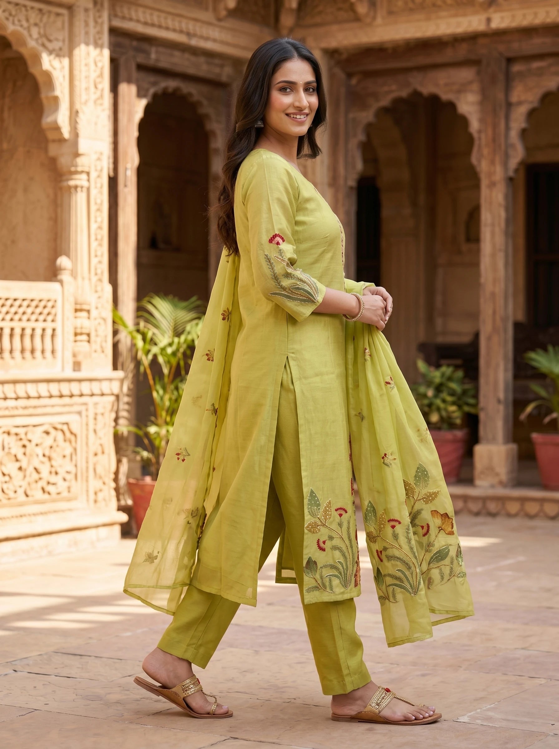 OLIVE GREEN KANTHA WORK SUIT SET