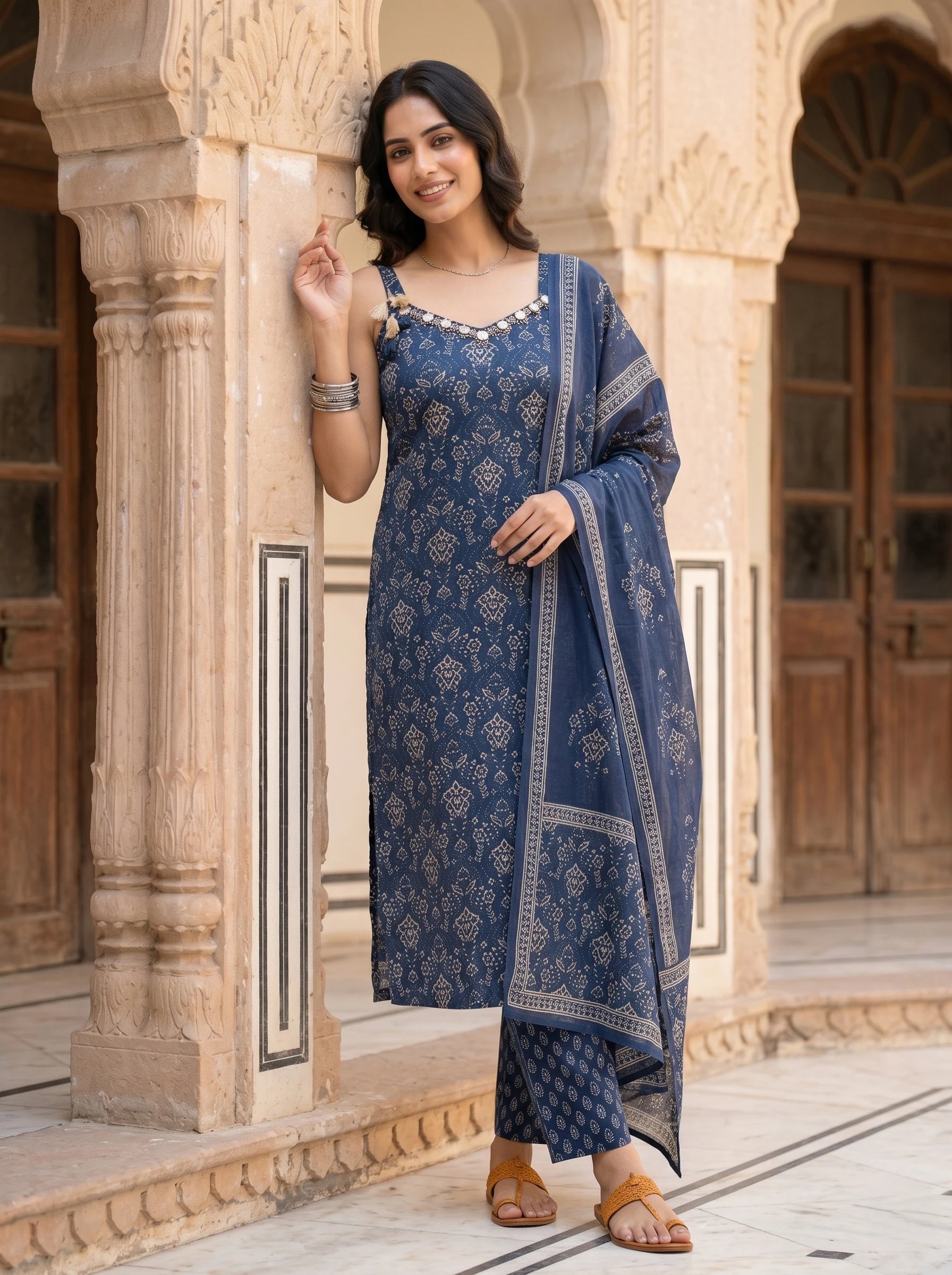 ROYAL NAVY GOLD PRINTED HANDWORK SLEEVELESS SUIT SET