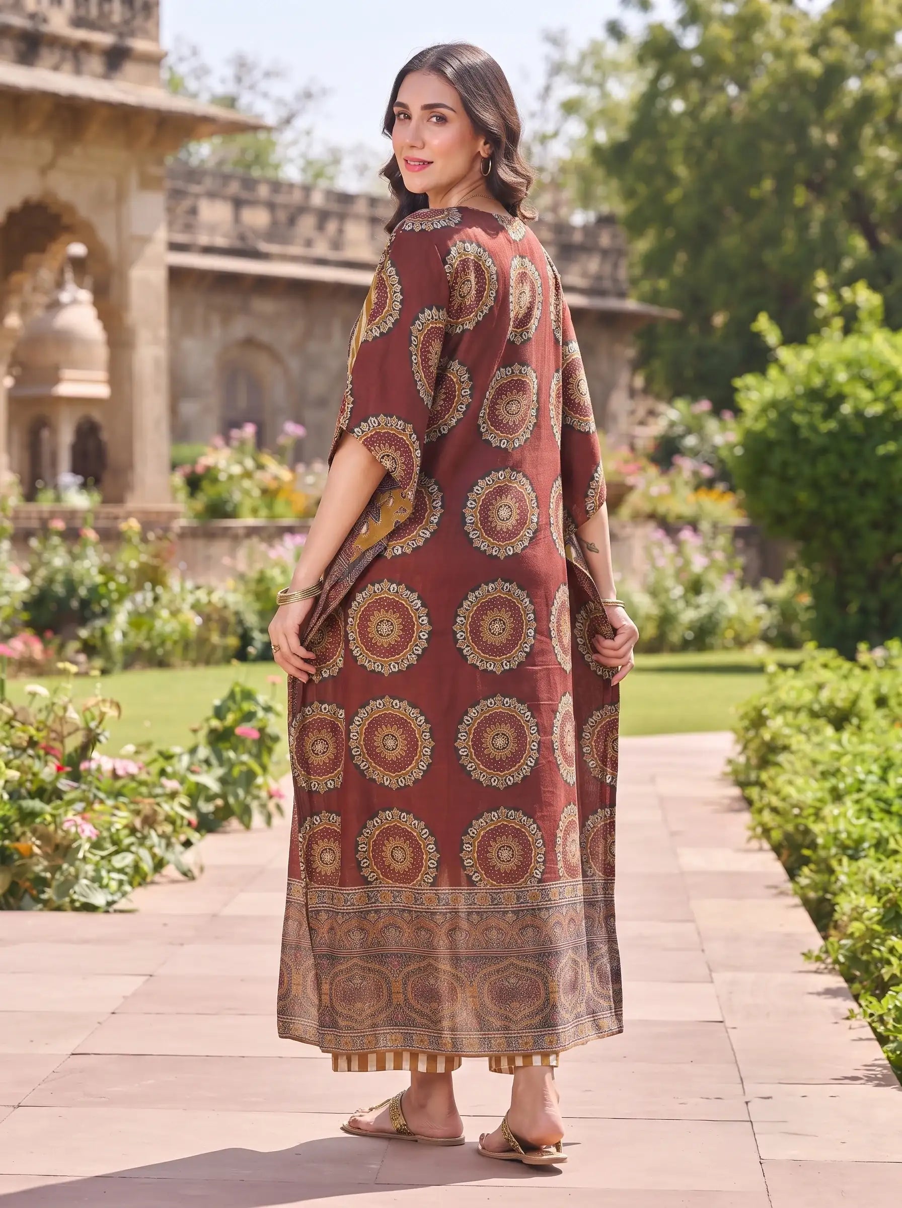 BROWN BOHEMIAN MIRROR WORK & COWRY SHELL MUSLIN KAFTAN CO-ORD SET