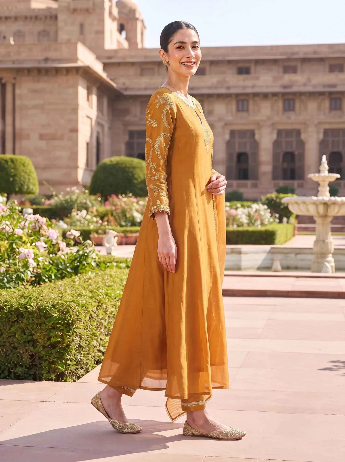 CARAMEL BROWN DESIGNER HAND EMBROIDERED FESTIVE SUIT SET