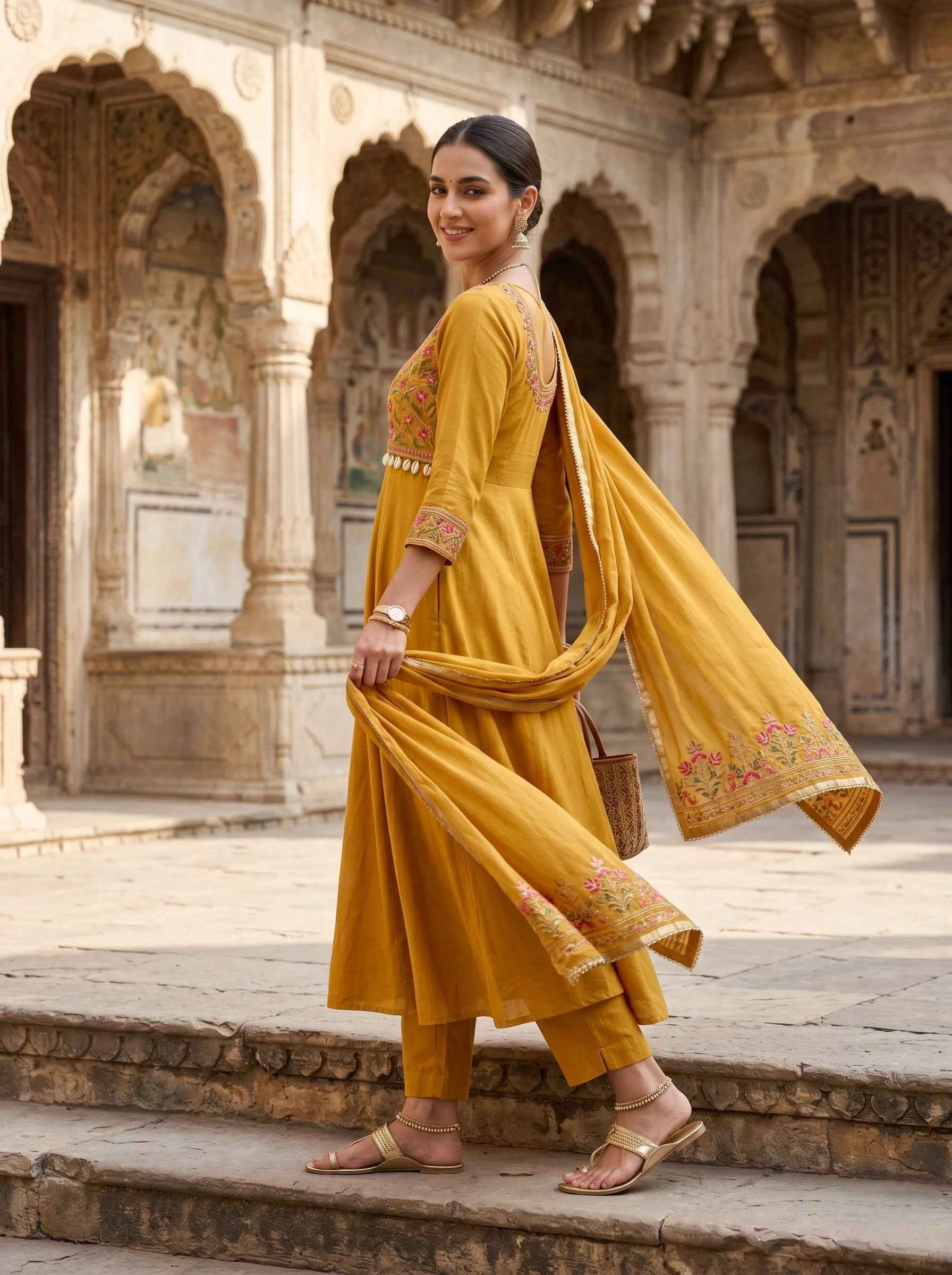 MUSTARD BLOOM EMBROIDERED SUIT SET