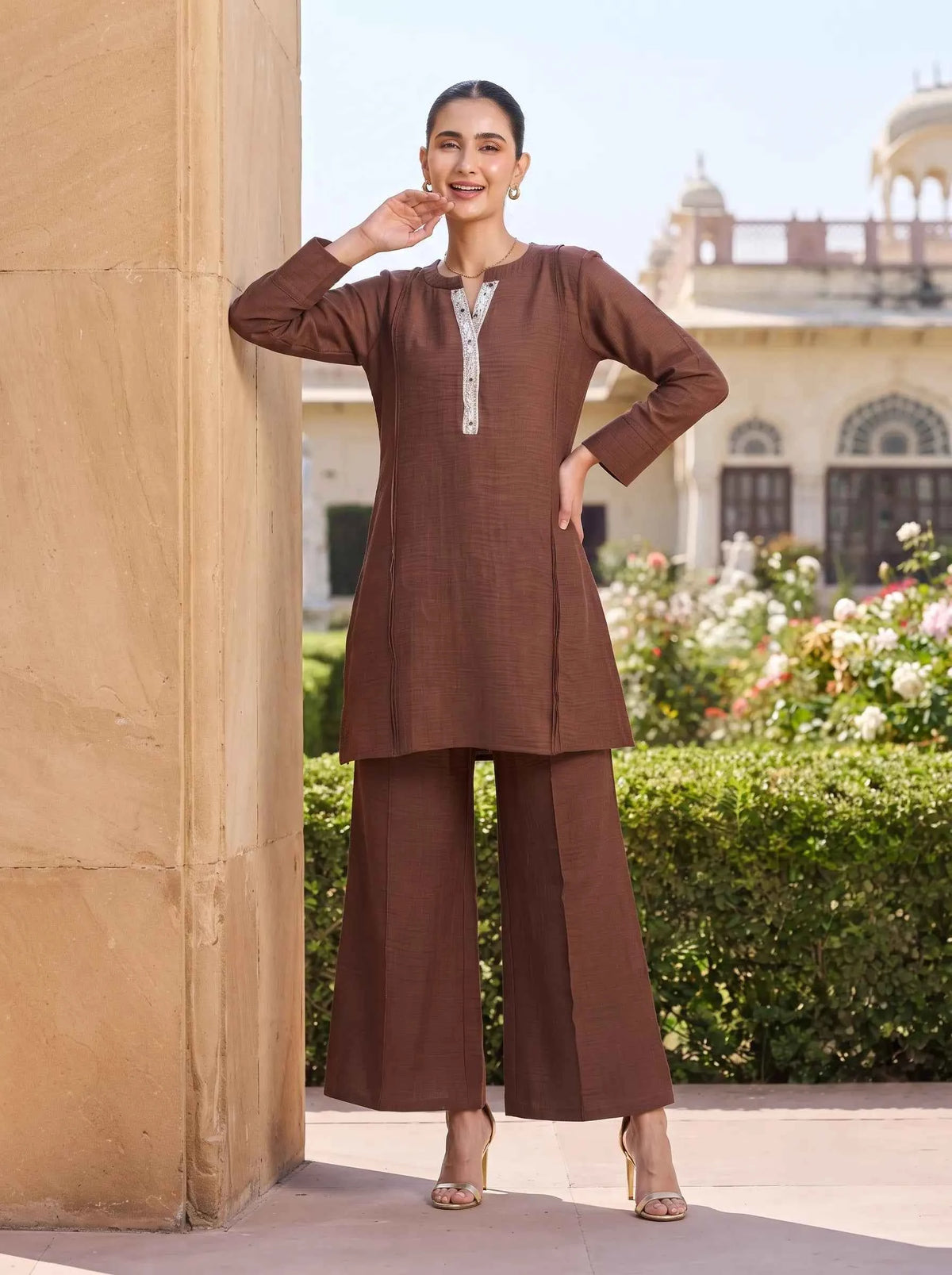 BROWN TEXTURED FABRIC EMBROIDERED NECKLINE CASUAL CO-ORD SET