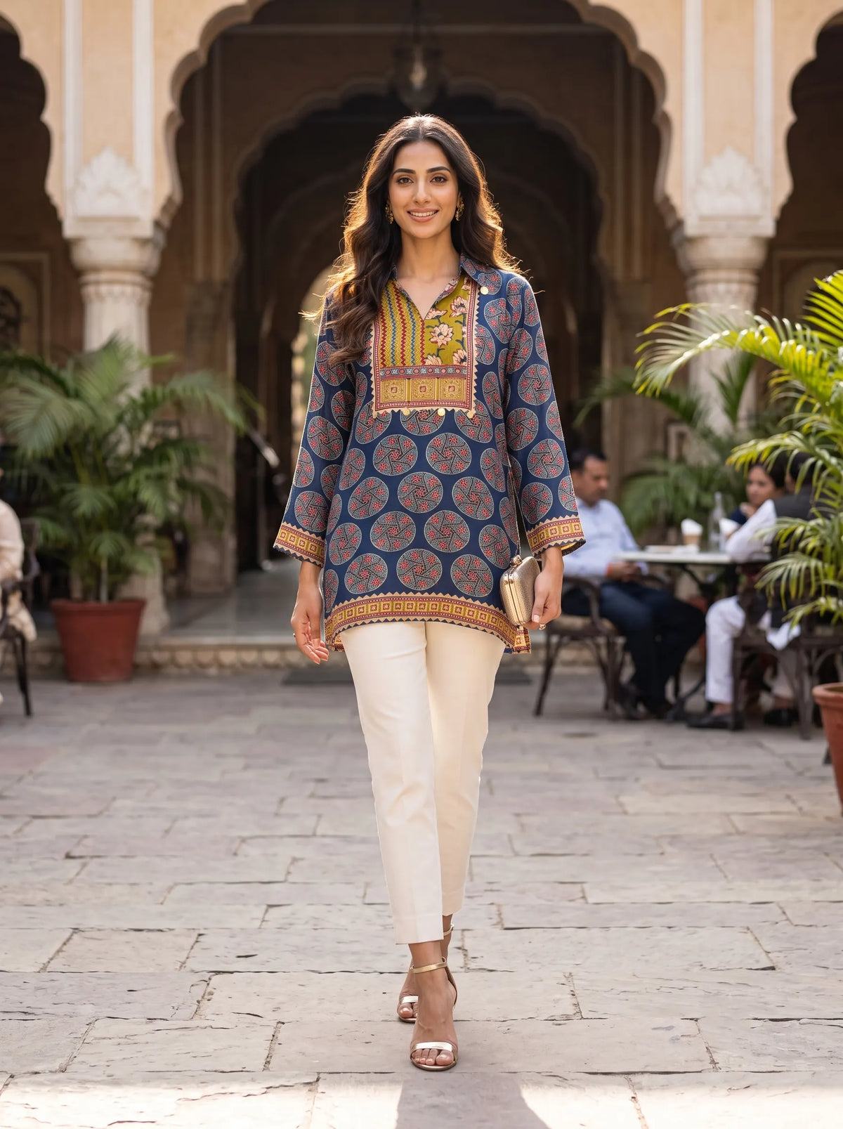 INDIGO AND OLIVE TRADITIONAL PRINTED PURE MUSLIN SHIRT TOP