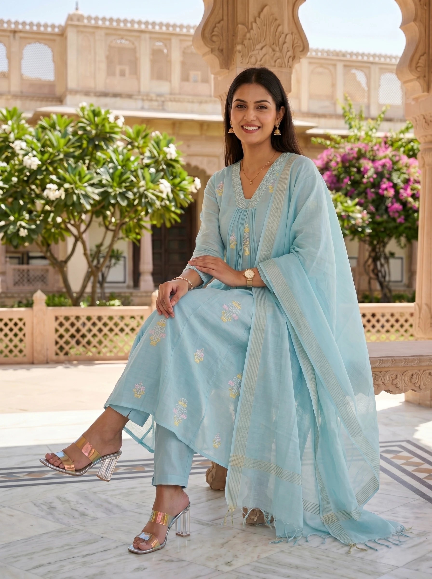 AQUA MIST ELEGANCE HAND EMBROIDERED SUIT SET