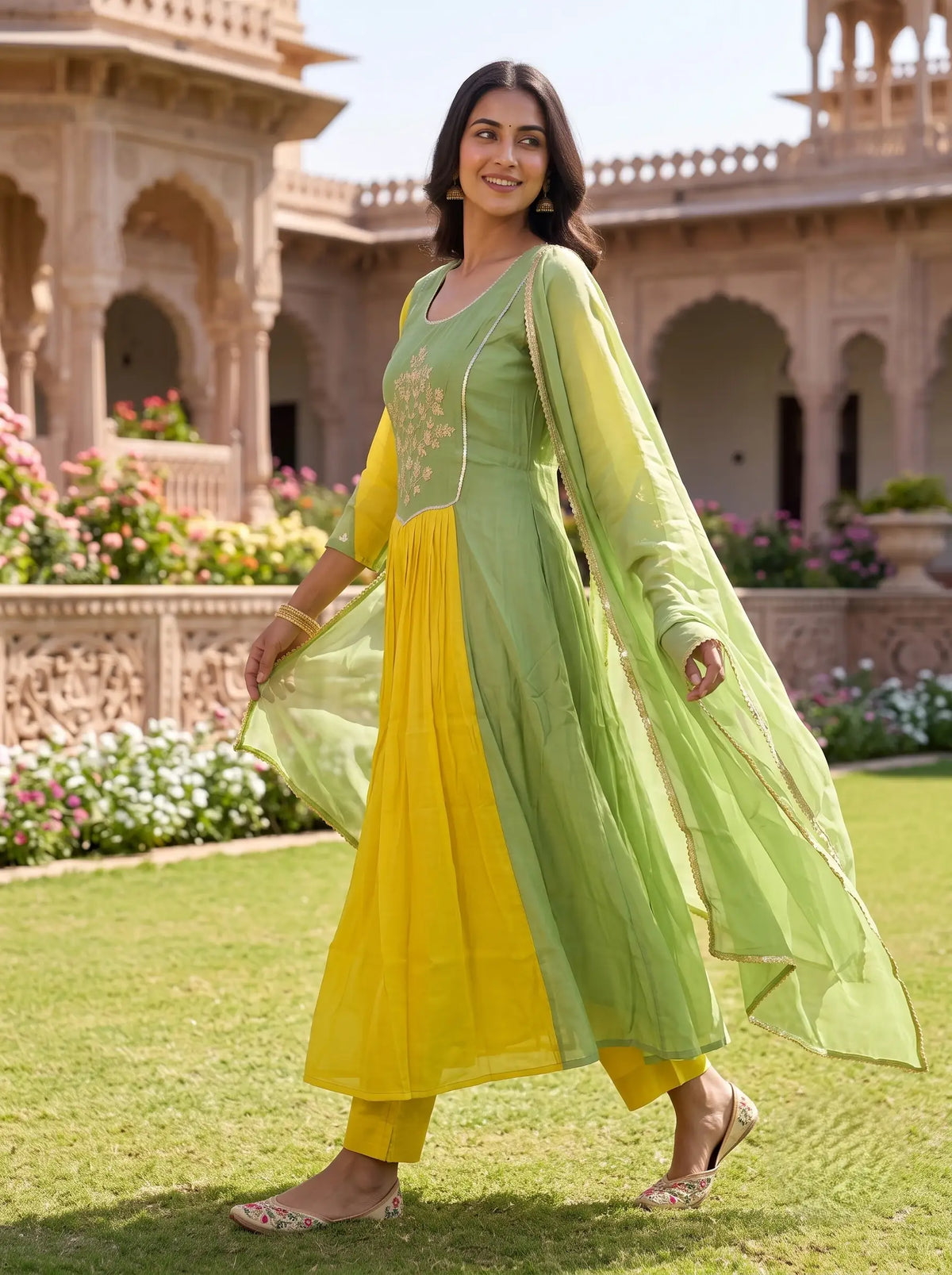 PISTA GREEN & MUSTARD YELLOW EMBROIDERED ANARKALI SUIT SET