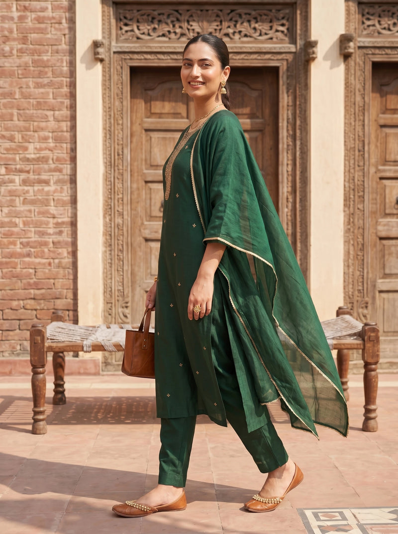 ADA BOTTEL GREEN STRAIGHT PURE SILK SUIT SET