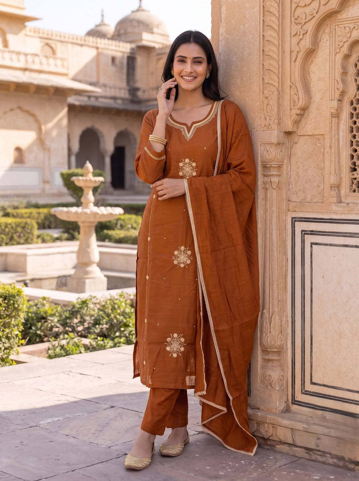 MUSTARD BROWN EMBELLISHED HAND EMBROIDERED STRAIGHT SUIT SET