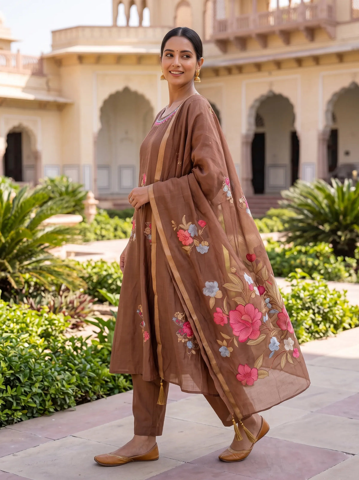 BROWN FLORAL HAND EMBROIDERED MIRROR WORK SUIT WITH DUPATTA