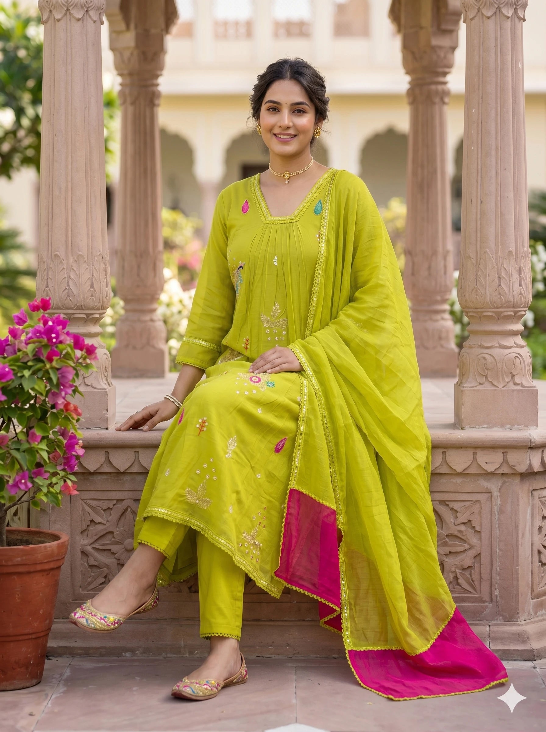NOOR-E-OLIVE EMBROIDERED MUL COTTON SUIT SET
