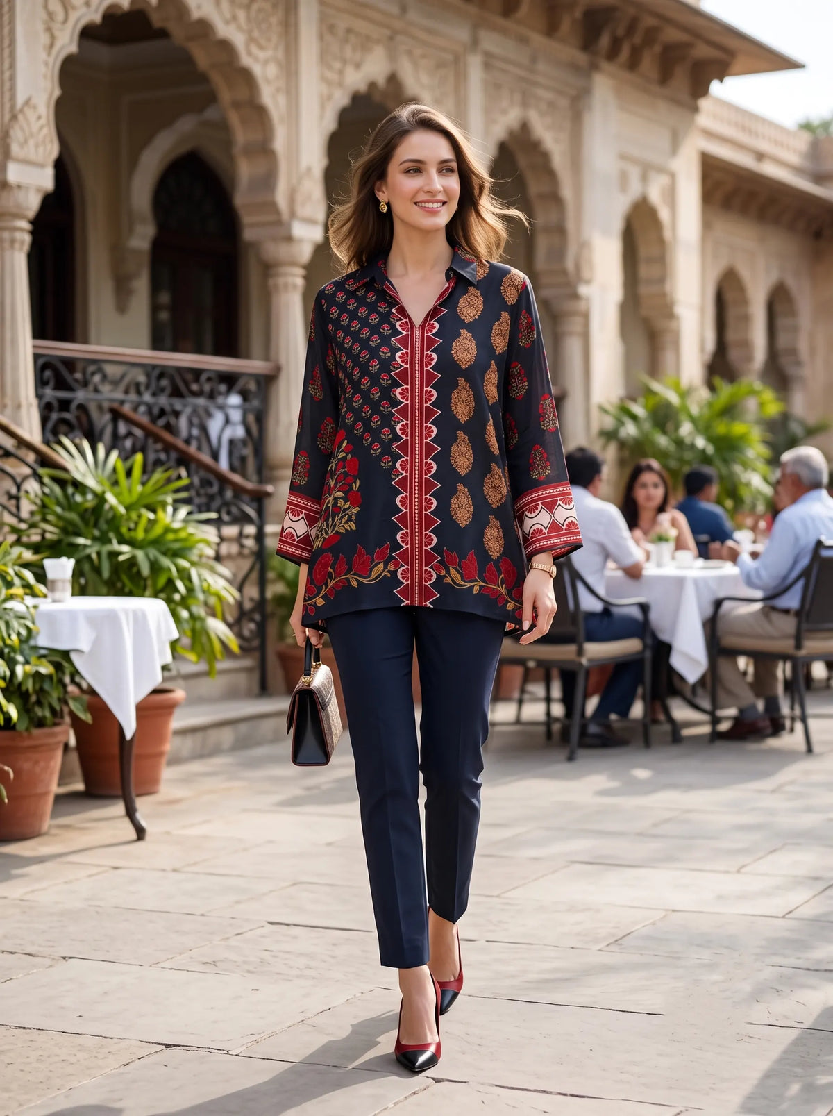 BLACK AND RED FLORAL BLOCK PRINT PURE CREPE SHIRT TOP