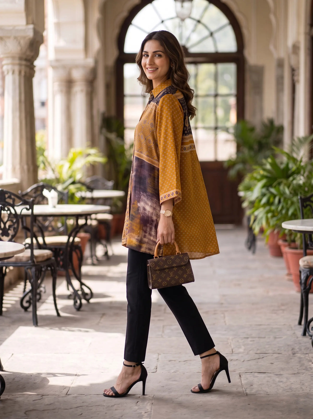 EARTHY TONE PRINTED PURE MUSLIN SHIRT TOP