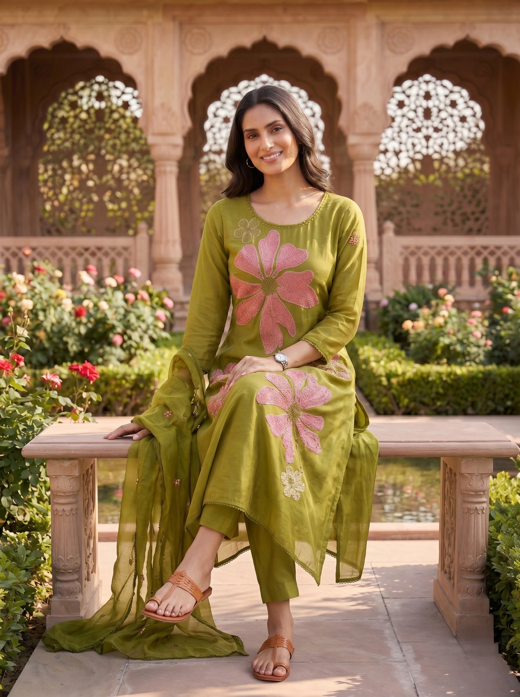 OLIVE BLOSSOM THREADWORK MUL COTTON SUIT SET