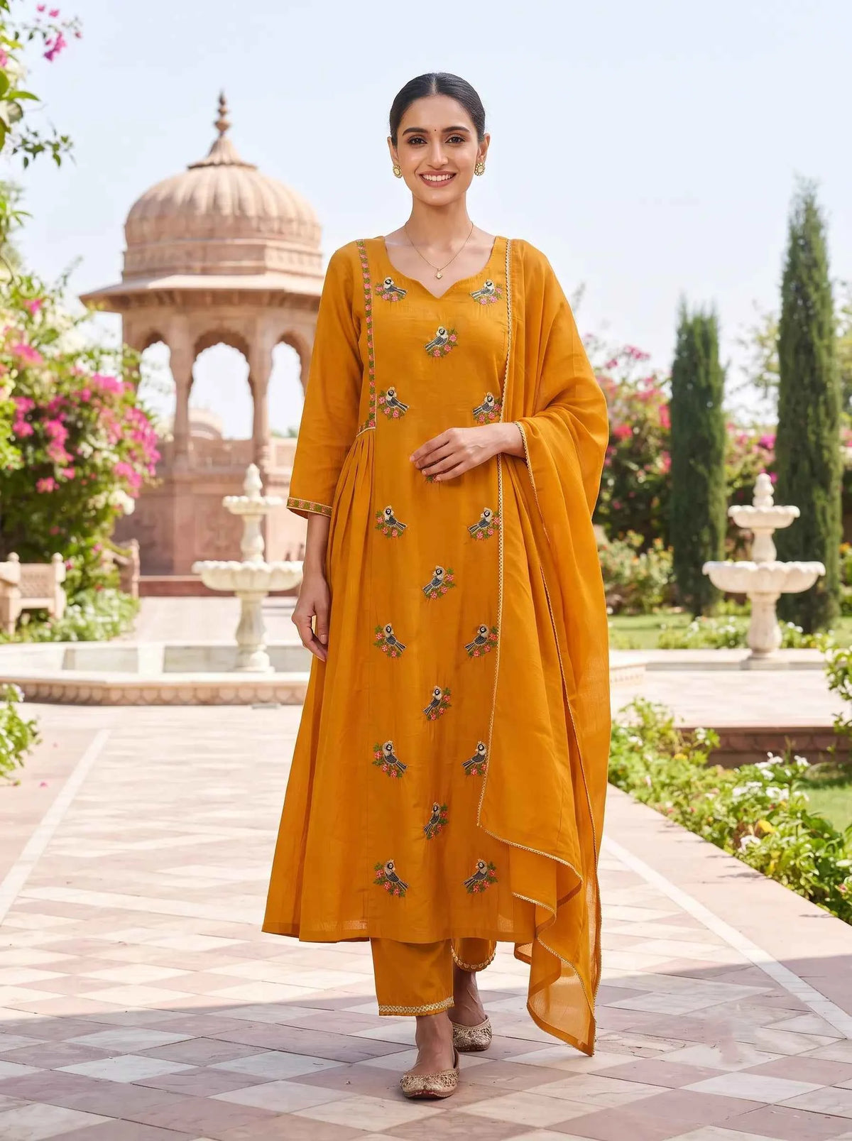 MUSTARD PEACOCK EMBROIDERED STRAIGHT SUIT WITH DUPATTA