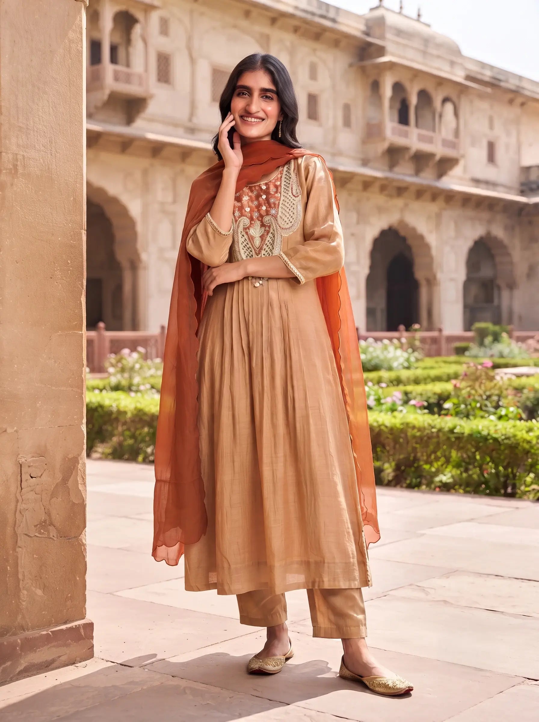 CARAMEL GOLD DESIGNER BANARSI MUL CHANDERI SUIT WITH DUPATTA