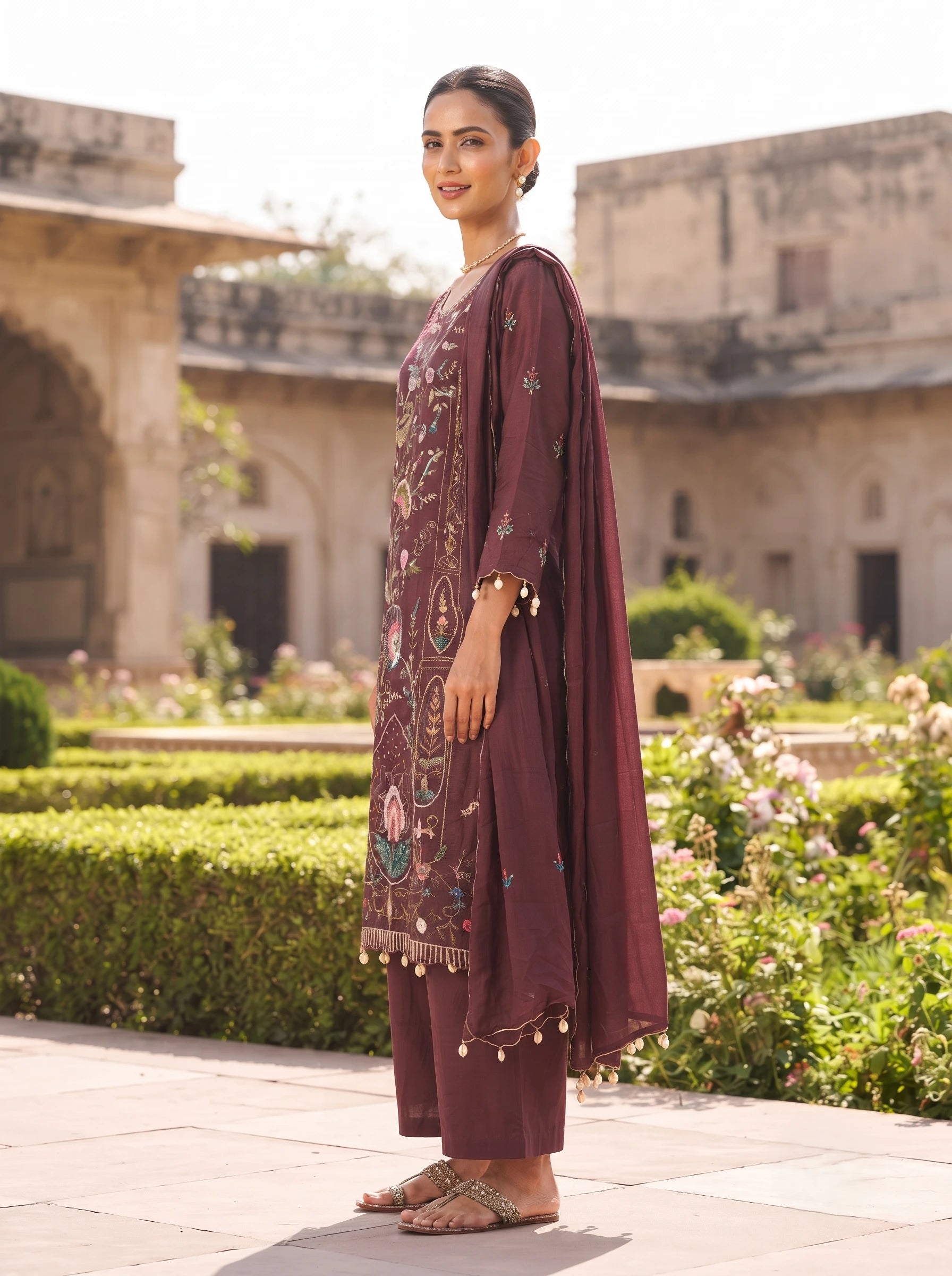 WINE FLORAL BIRD HAND EMBROIDERED PURE DOLA SILK SUIT SET