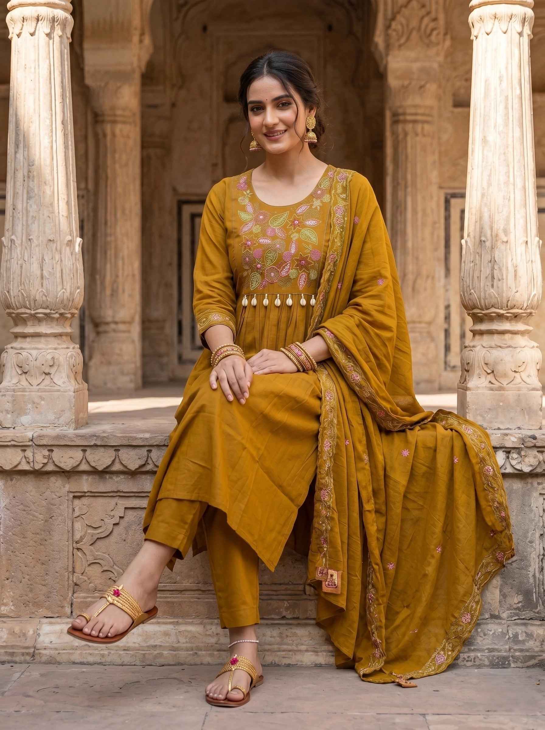 MUSTARD BLOOM EMBROIDERED SUIT SET