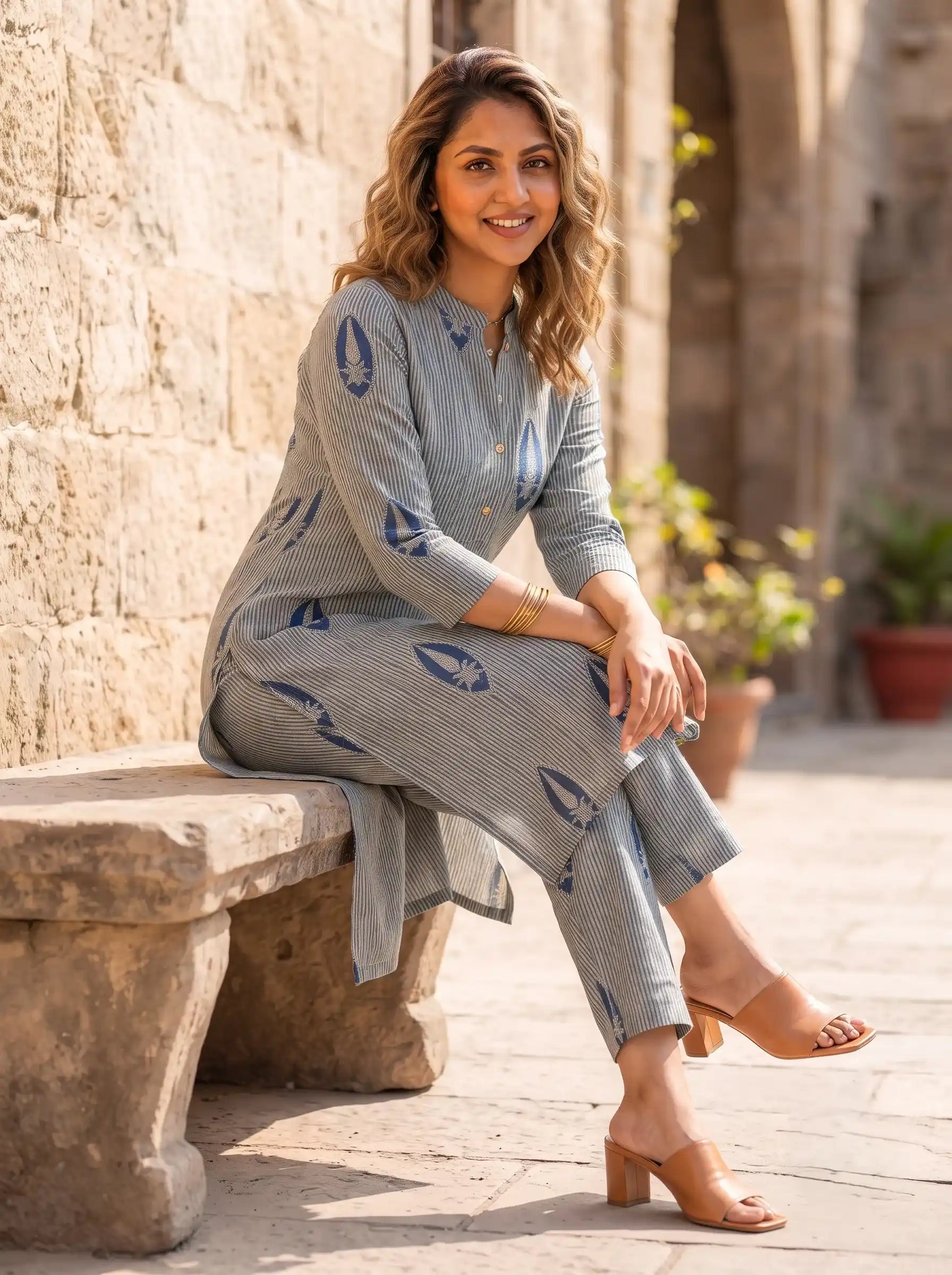 AZURE STRIPE BOTANIC PURE COTTON KURTA SET