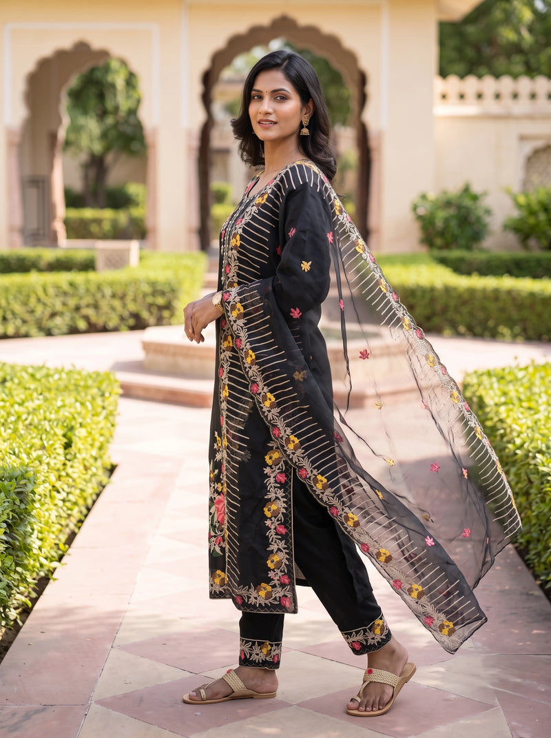 MAYA BLACK THREADWORK STRAIGHT SUIT SET
