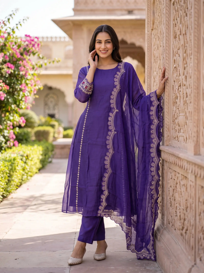 LILAC-PURPLE DESIGNER HAND EMBROIDERED FESTIVE SUIT SET