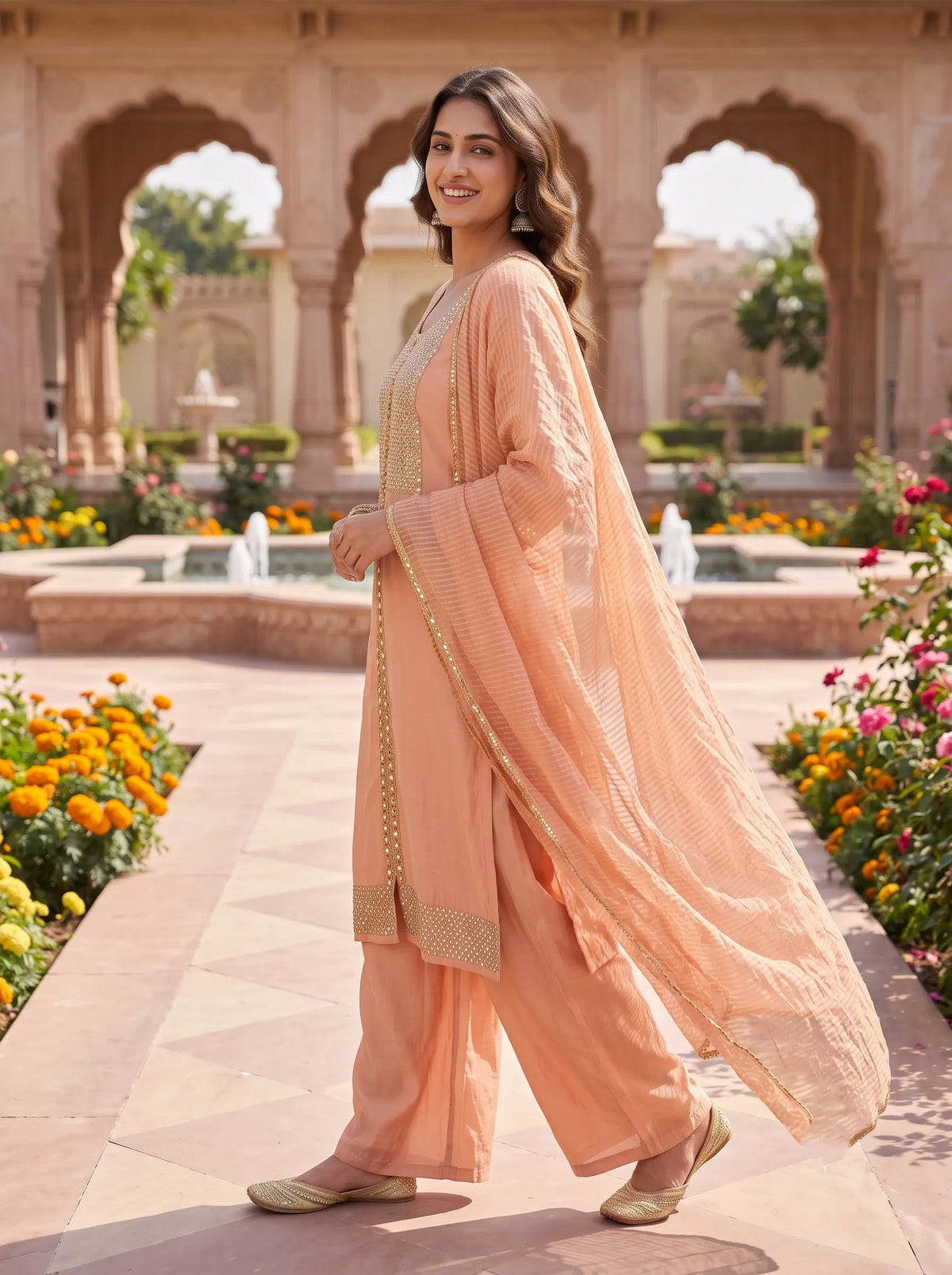 PEACH HEAVY STONE AND MIRROR WORK HAND EMBROIDERED SUIT SET