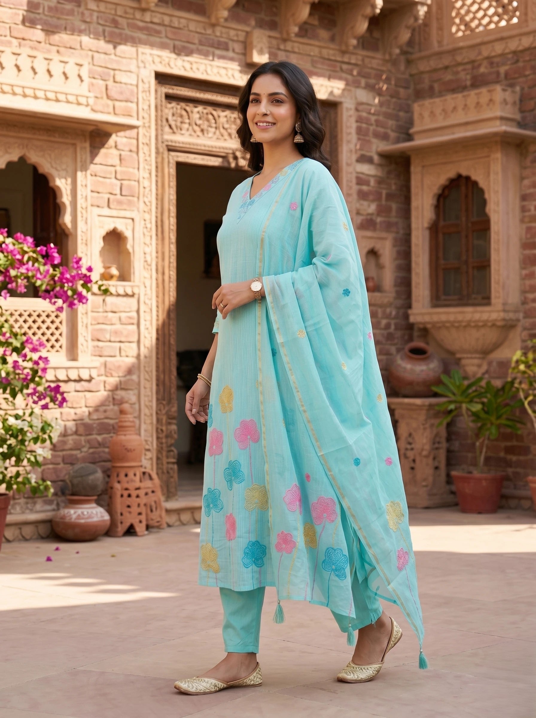 AQUA BLUE FLORAL EMBROIDERED SUIT SET