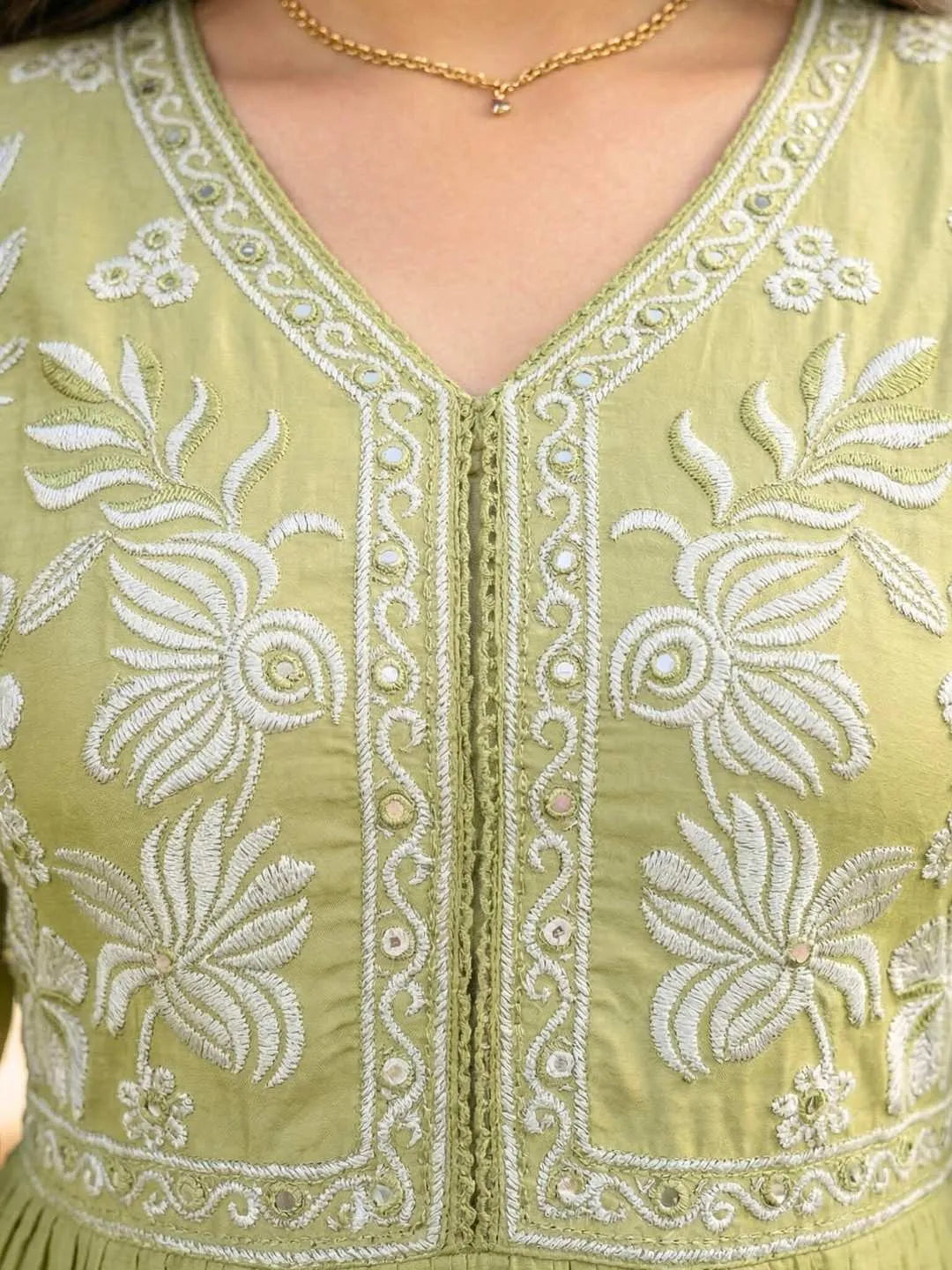 OLIVE BLOOM EMBROIDERED ANARKALI SUIT SET