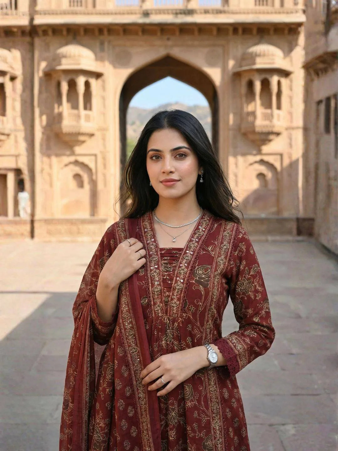 SHAHI MAROON ANARKALI HANDWORK SUIT SET