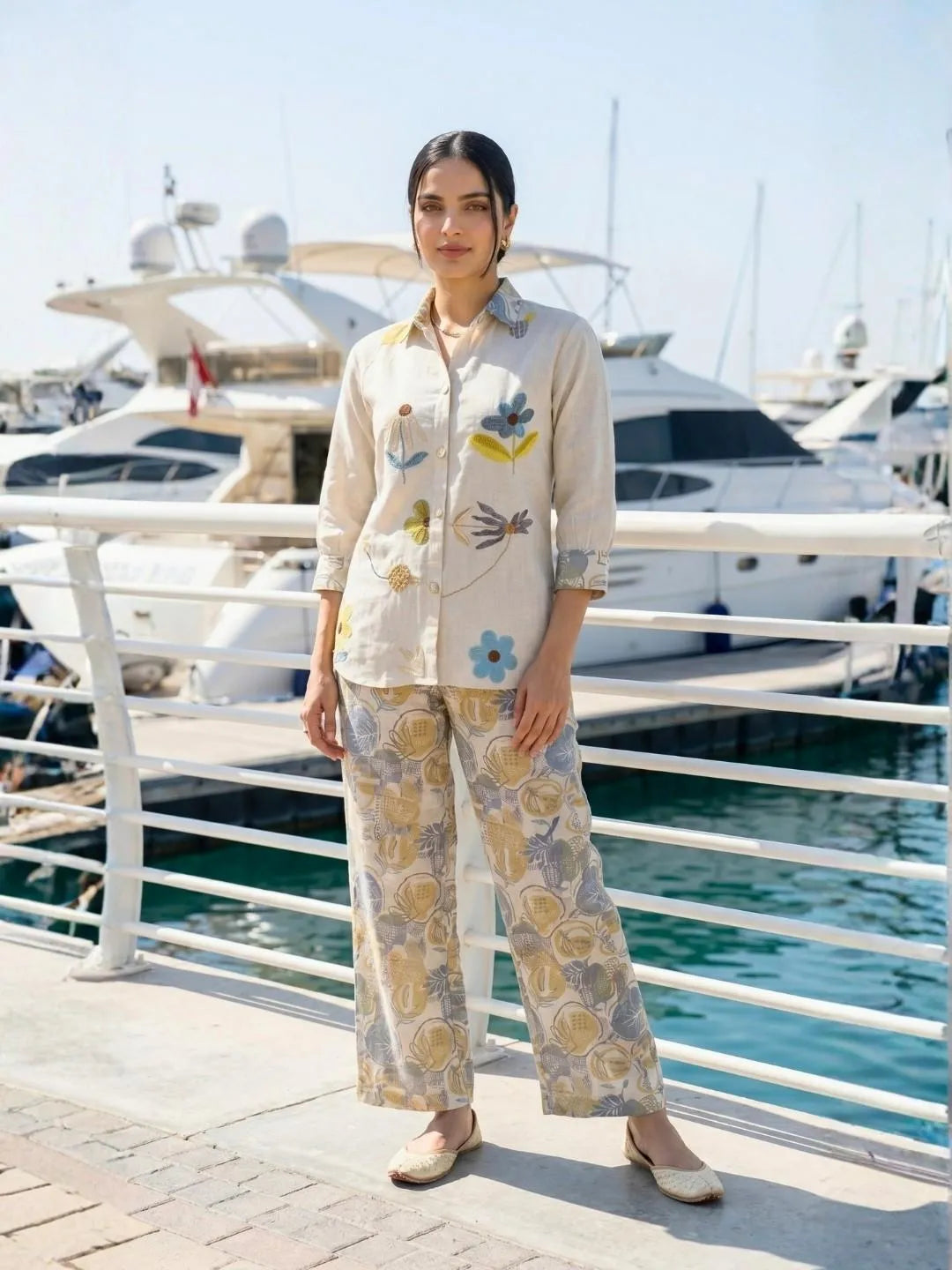 IVORY LINEN PINEAPPLE EMBROIDERED CO-ORD SET