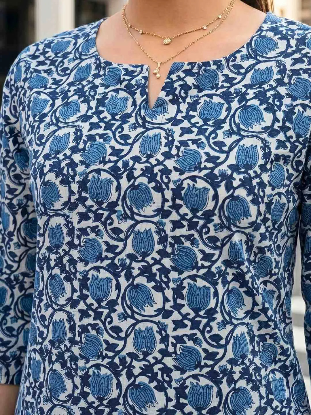 INDIGO BLUE FLORAL BLOCK PRINT SHORT TOP